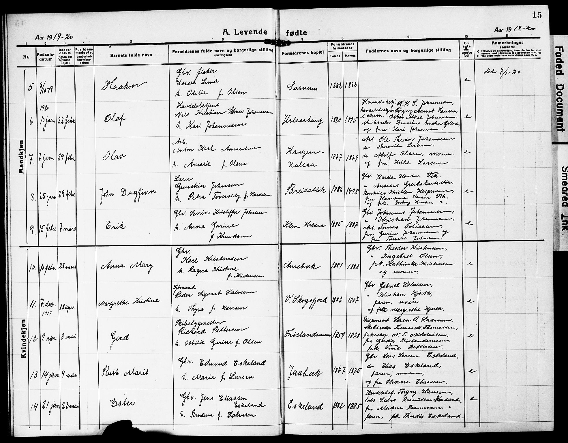 Mandal sokneprestkontor, SAK/1111-0030/F/Fb/Fba/L0013: Parish register (copy) no. B 7, 1918-1931, p. 15