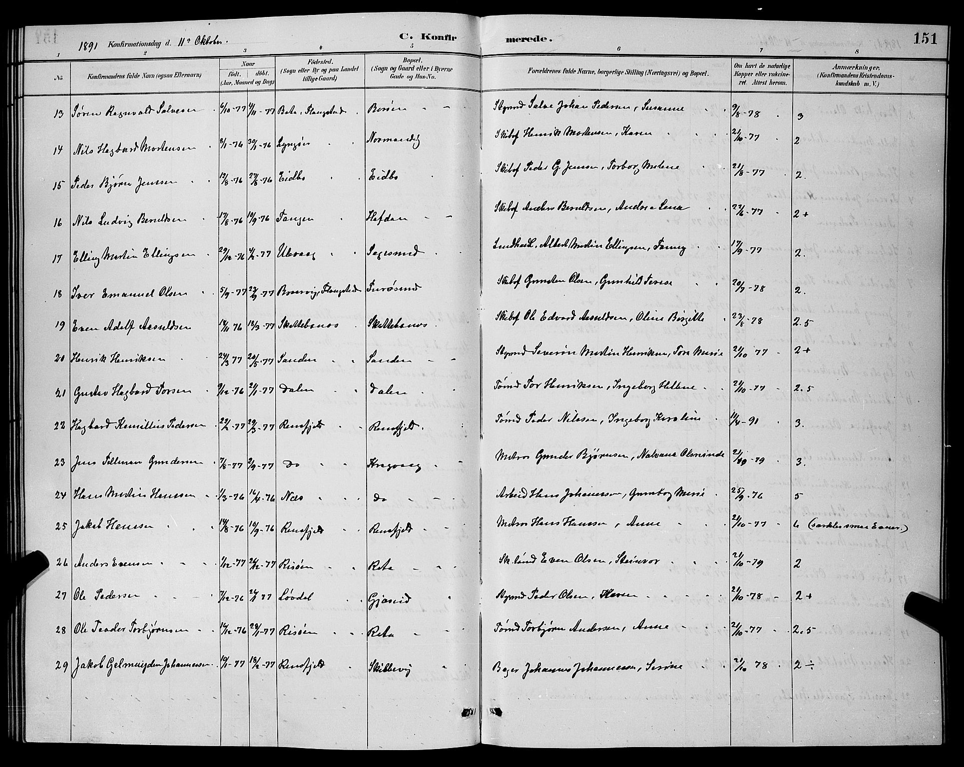 Dypvåg sokneprestkontor, AV/SAK-1111-0007/F/Fb/Fba/L0013: Parish register (copy) no. B 13, 1887-1900, p. 151