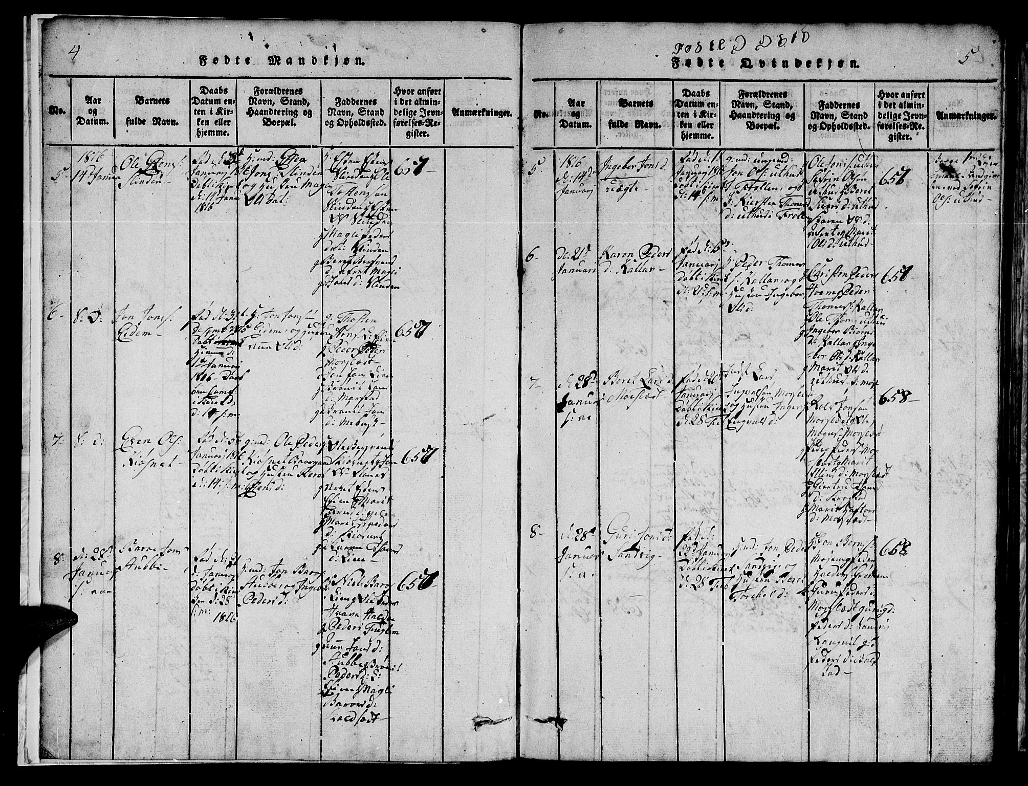 Ministerialprotokoller, klokkerbøker og fødselsregistre - Sør-Trøndelag, SAT/A-1456/695/L1152: Parish register (copy) no. 695C03, 1816-1831, p. 4-5