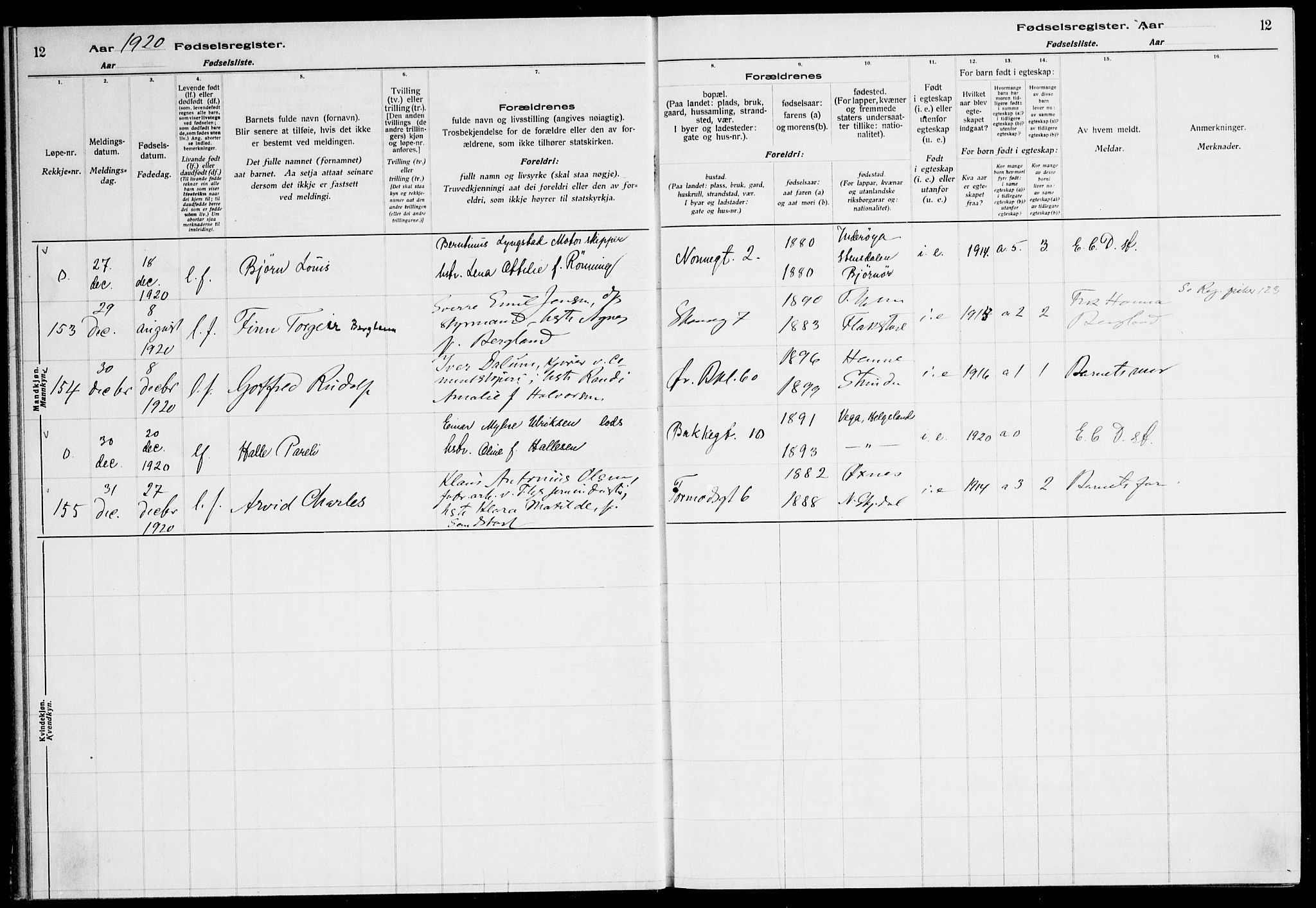 Ministerialprotokoller, klokkerbøker og fødselsregistre - Sør-Trøndelag, AV/SAT-A-1456/604/L0233: Birth register no. 604.II.4.2, 1920-1928, p. 12