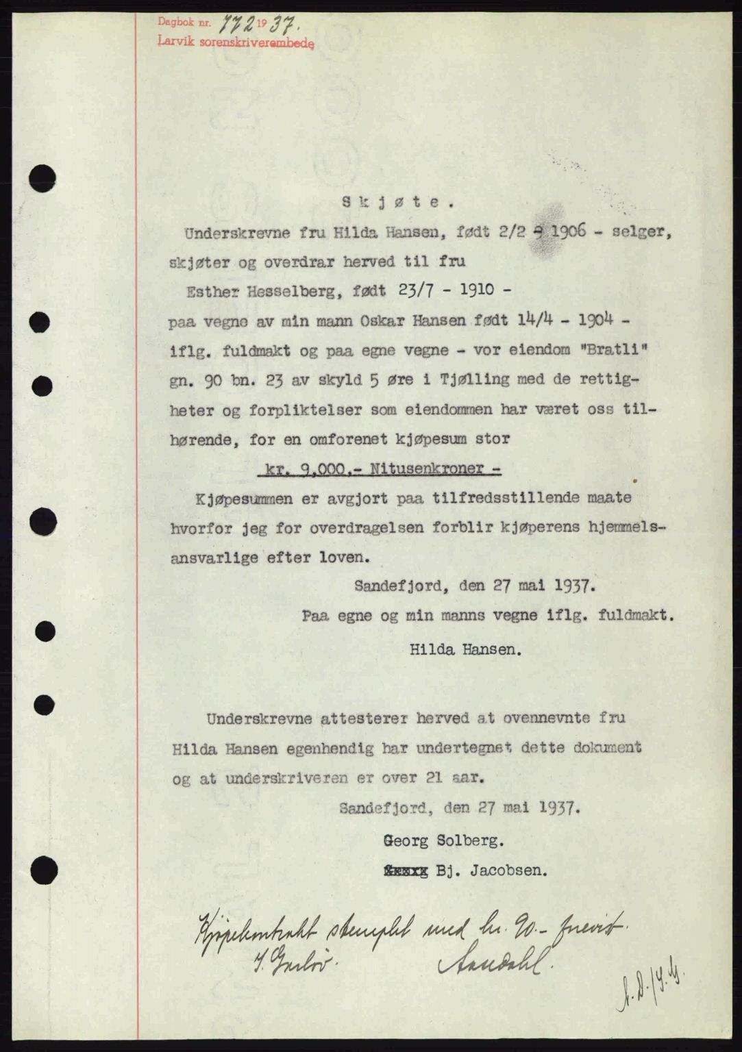 Larvik sorenskriveri, SAKO/A-83/G/Ga/Gab/L0067: Mortgage book no. A-1, 1936-1937, Diary no: : 772/1937