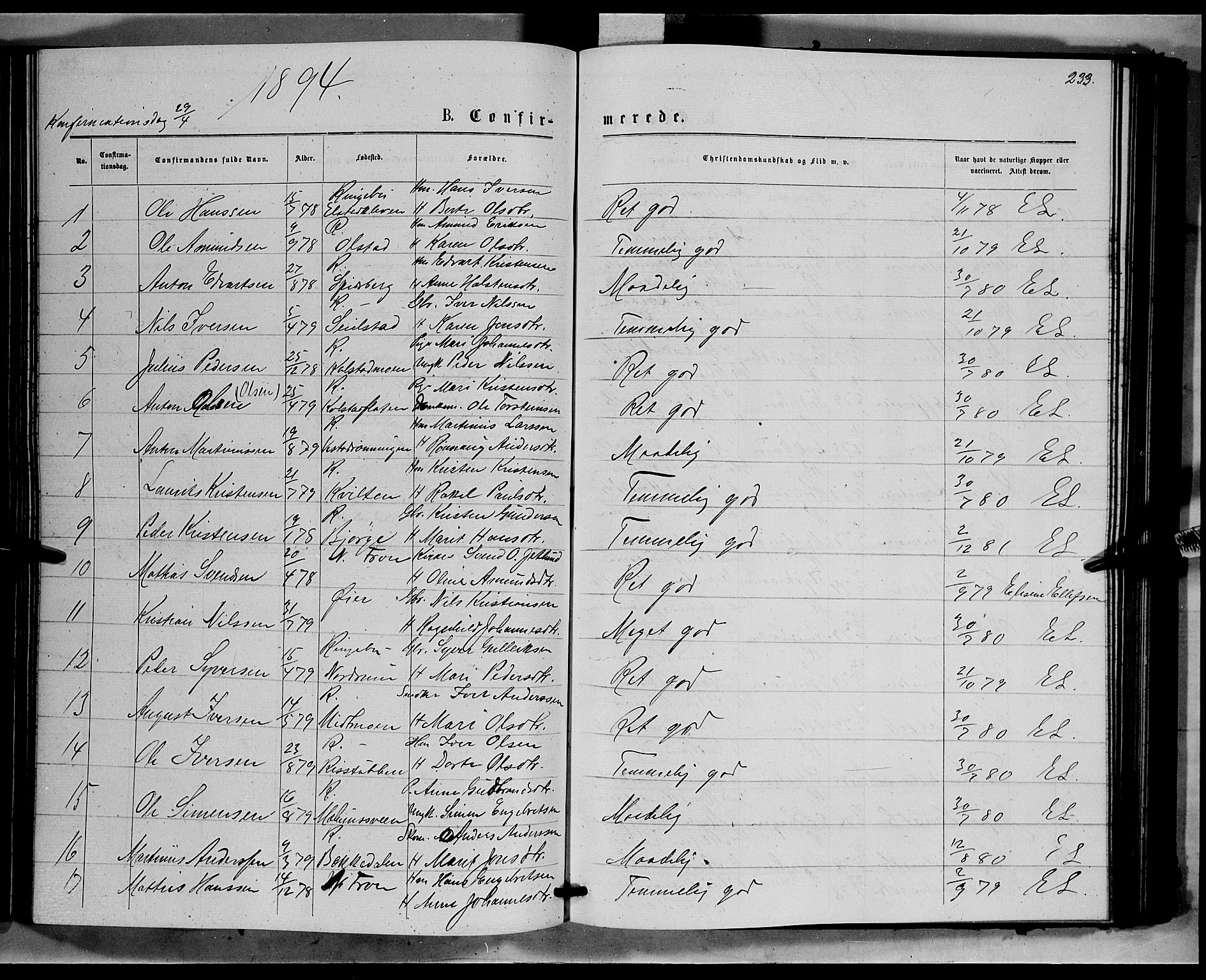 Ringebu prestekontor, AV/SAH-PREST-082/H/Ha/Hab/L0006: Parish register (copy) no. 6, 1880-1898, p. 233