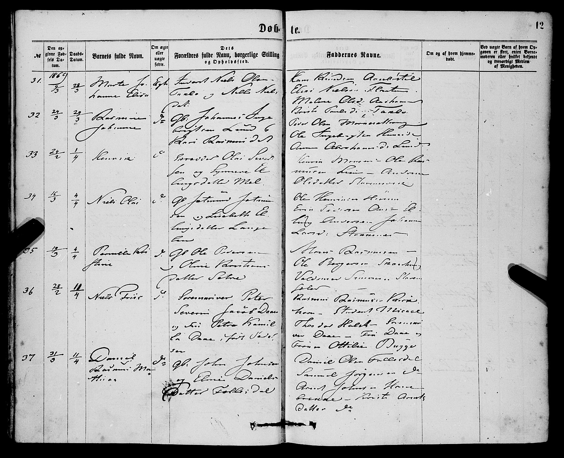 Eid sokneprestembete, SAB/A-82301/H/Haa/Haaa/L0010: Parish register (official) no. A 10, 1867-1878, p. 12