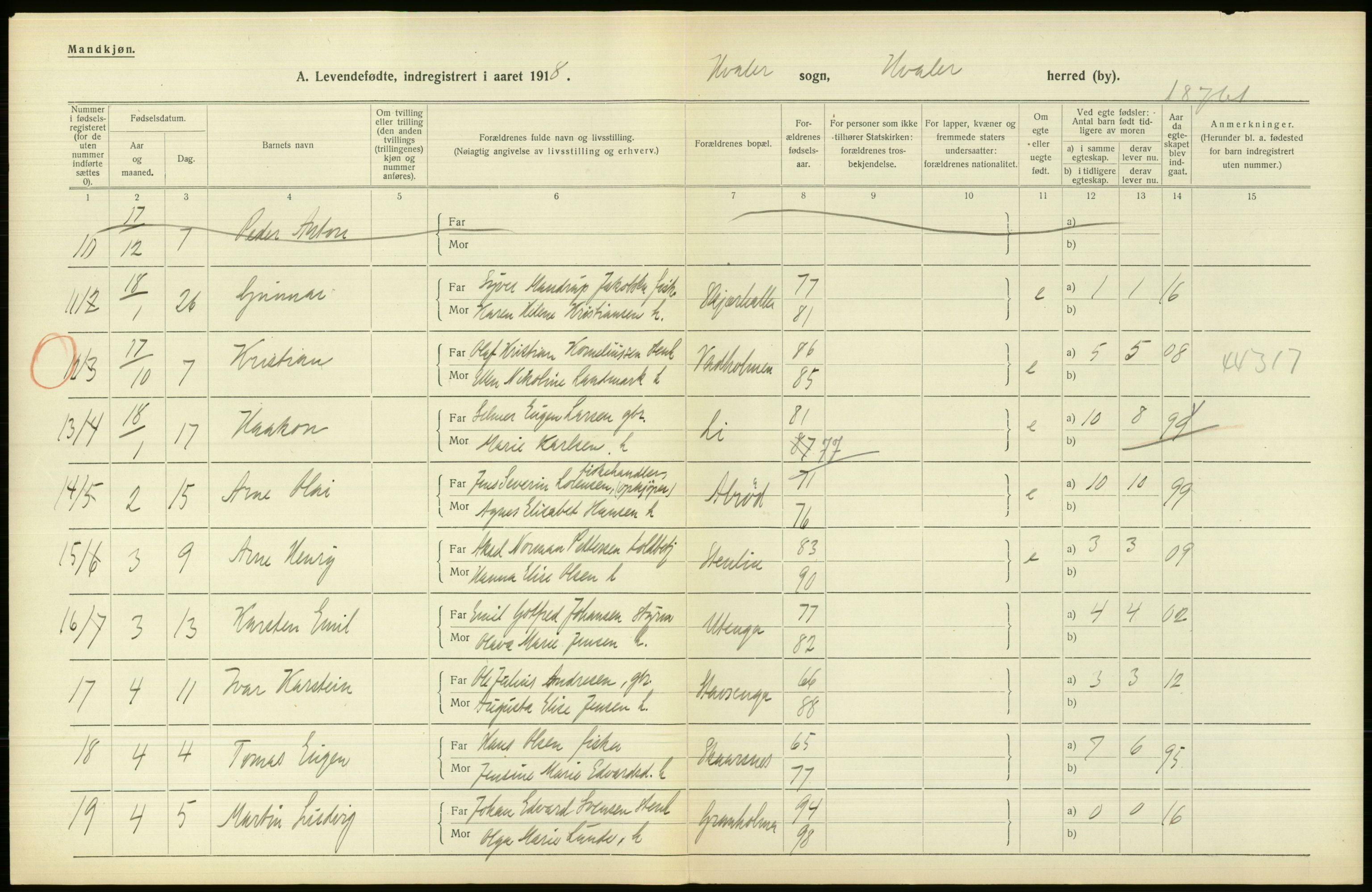 Statistisk sentralbyrå, Sosiodemografiske emner, Befolkning, RA/S-2228/D/Df/Dfb/Dfbh/L0001: Østfold fylke: Levendefødte menn og kvinner. Bygder., 1918, p. 88