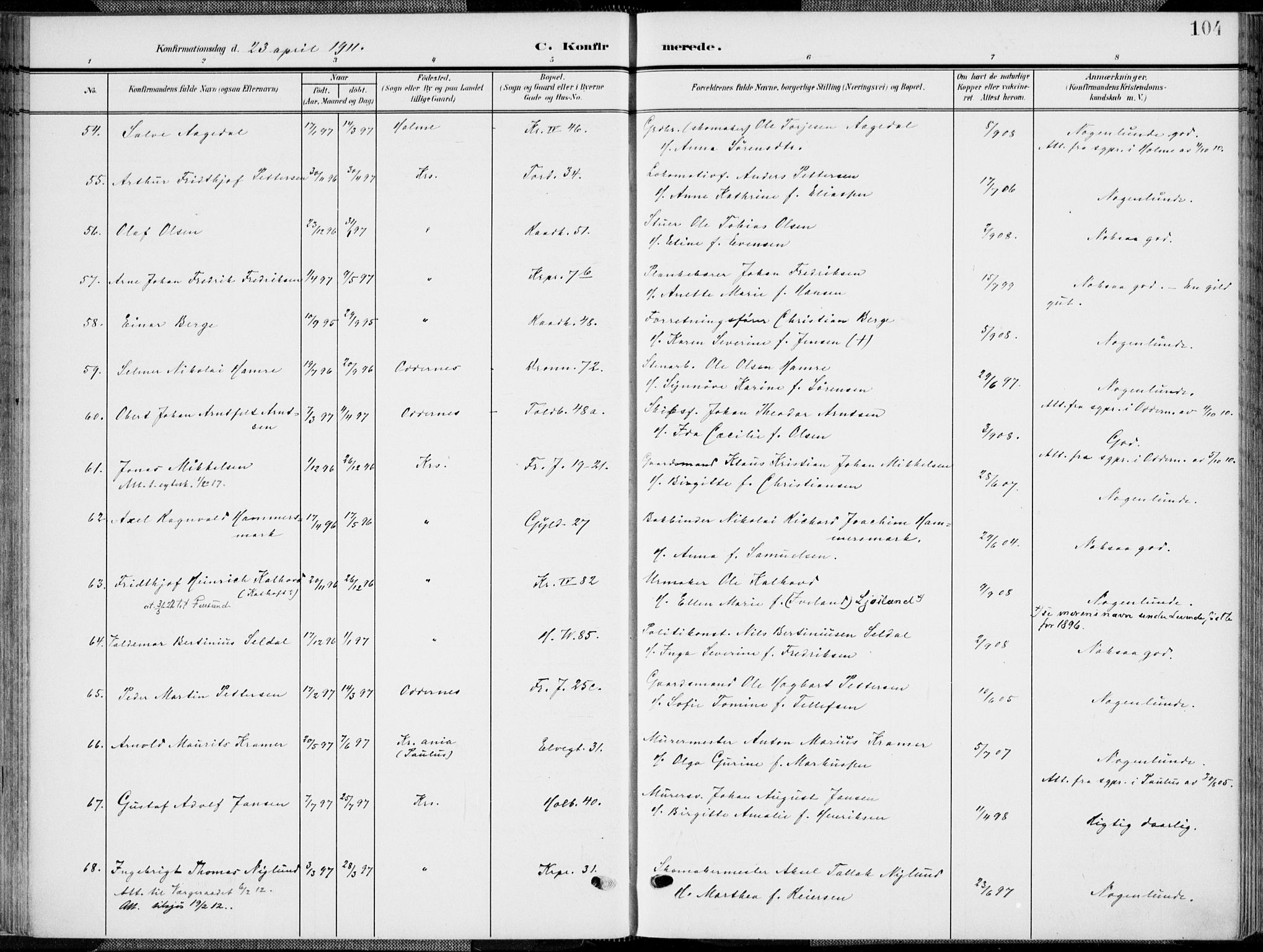 Kristiansand domprosti, SAK/1112-0006/F/Fa/L0022: Parish register (official) no. A 21, 1905-1916, p. 104