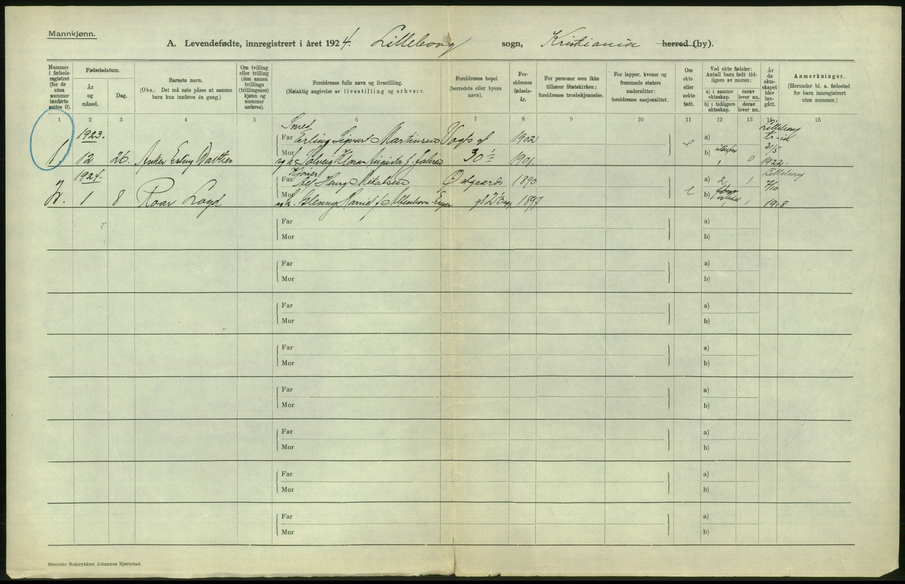 Statistisk sentralbyrå, Sosiodemografiske emner, Befolkning, AV/RA-S-2228/D/Df/Dfc/Dfcd/L0005: Kristiania: Levendefødte menn., 1924, p. 532