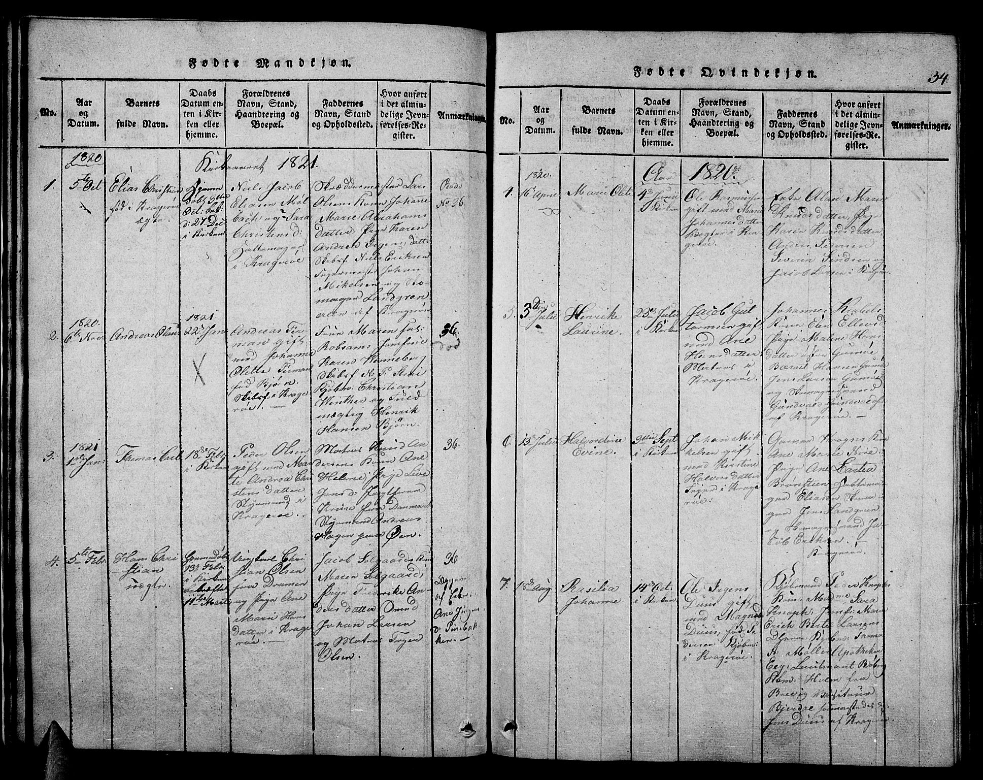 Kragerø kirkebøker, SAKO/A-278/F/Fa/L0004: Parish register (official) no. 4, 1814-1831, p. 34