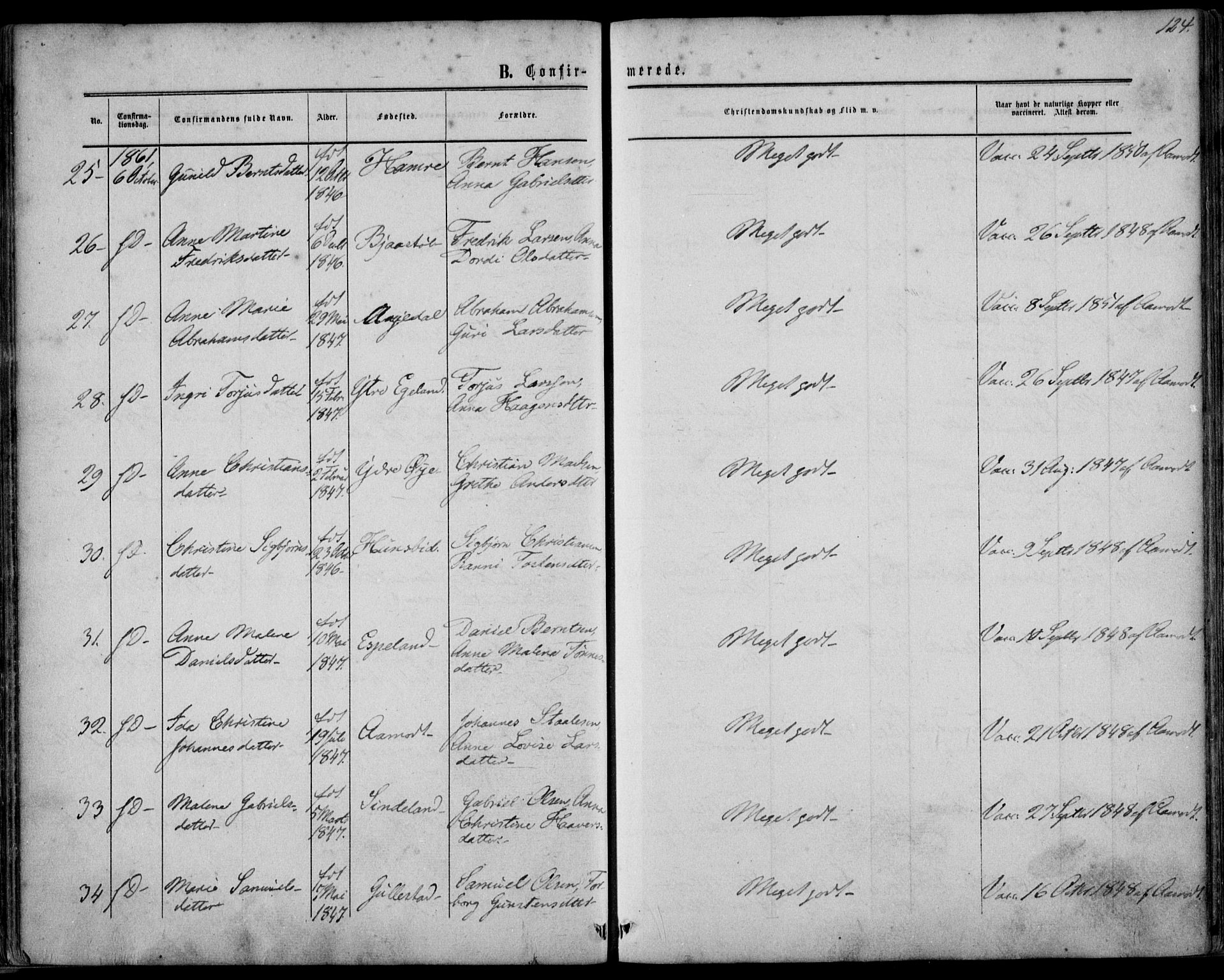 Kvinesdal sokneprestkontor, AV/SAK-1111-0026/F/Fa/Fab/L0006: Parish register (official) no. A 6, 1857-1869, p. 124