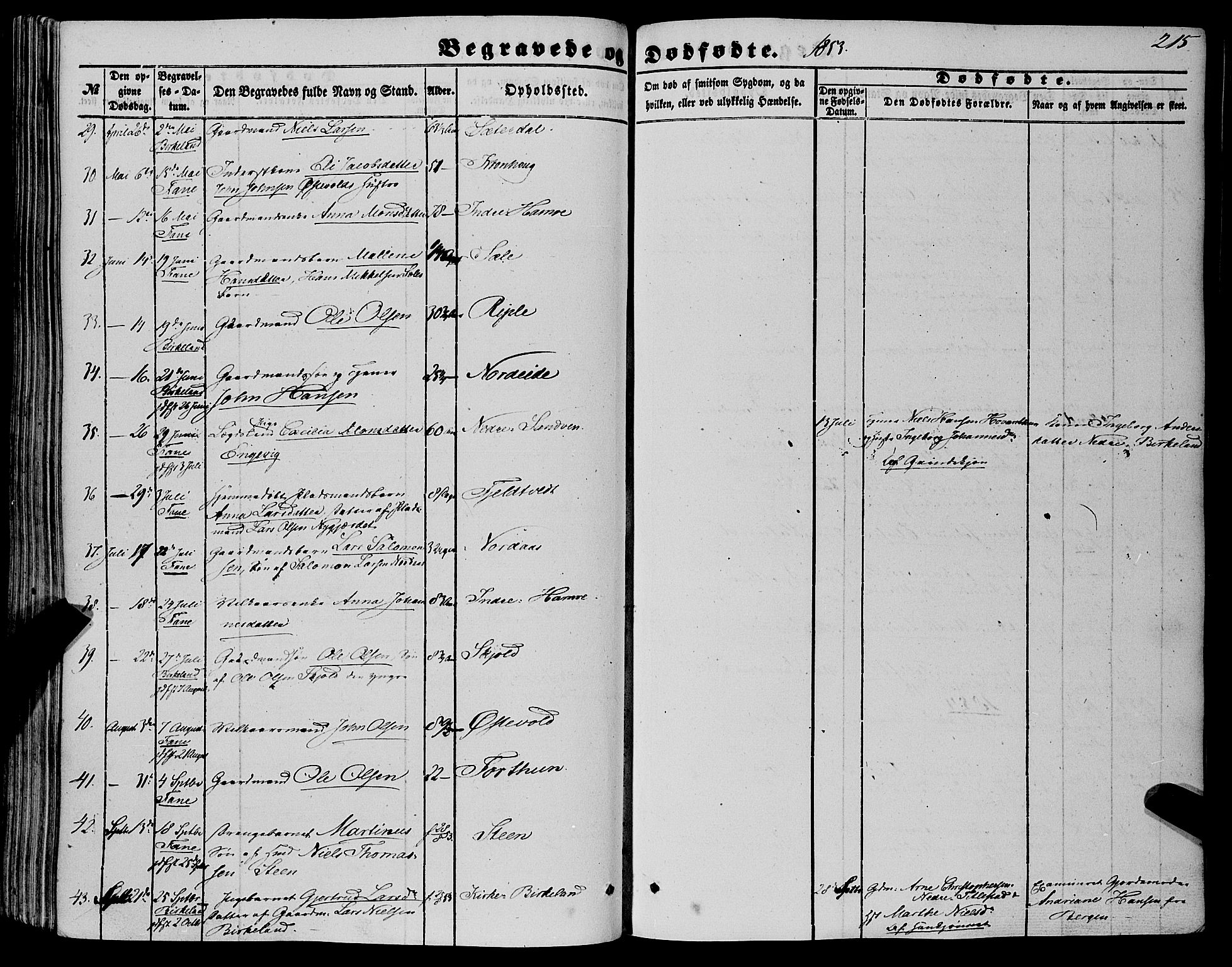 Fana Sokneprestembete, SAB/A-75101/H/Haa/Haaa/L0011: Parish register (official) no. A 11, 1851-1862, p. 215