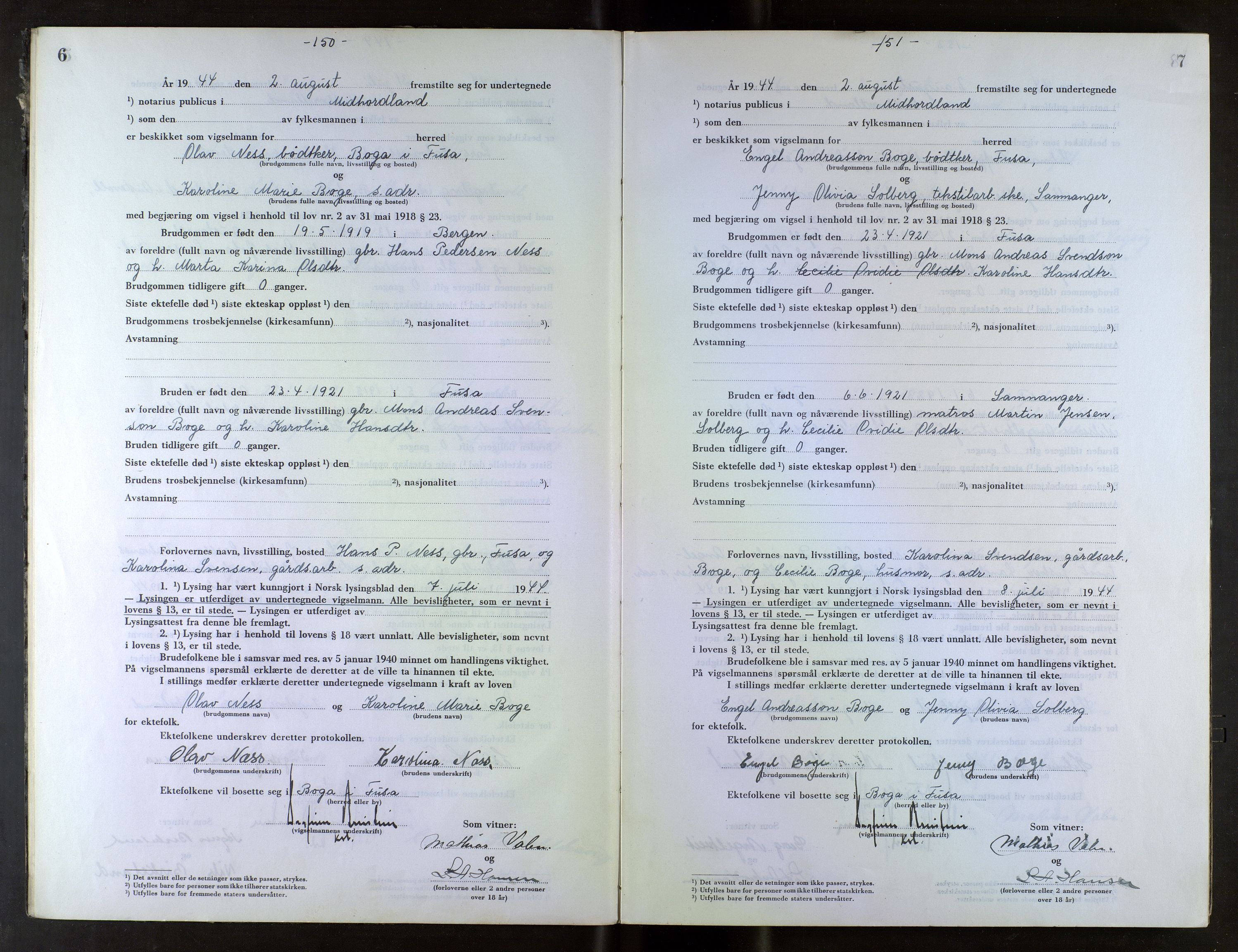 Midhordland sorenskriveri, AV/SAB-A-3001/1/M/Mc/Mca/L0006: Notarialbilag. Vigselbøker, 1944-1945, p. 6-7