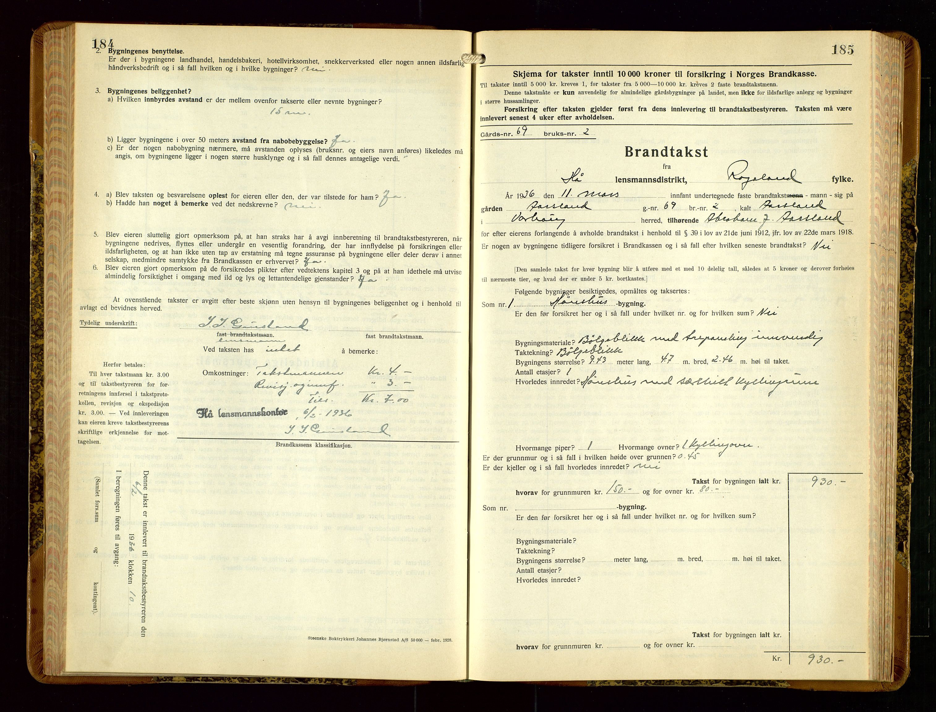 Hå lensmannskontor, AV/SAST-A-100456/Goa/L0006: Takstprotokoll (skjema), 1932-1938, p. 184-185