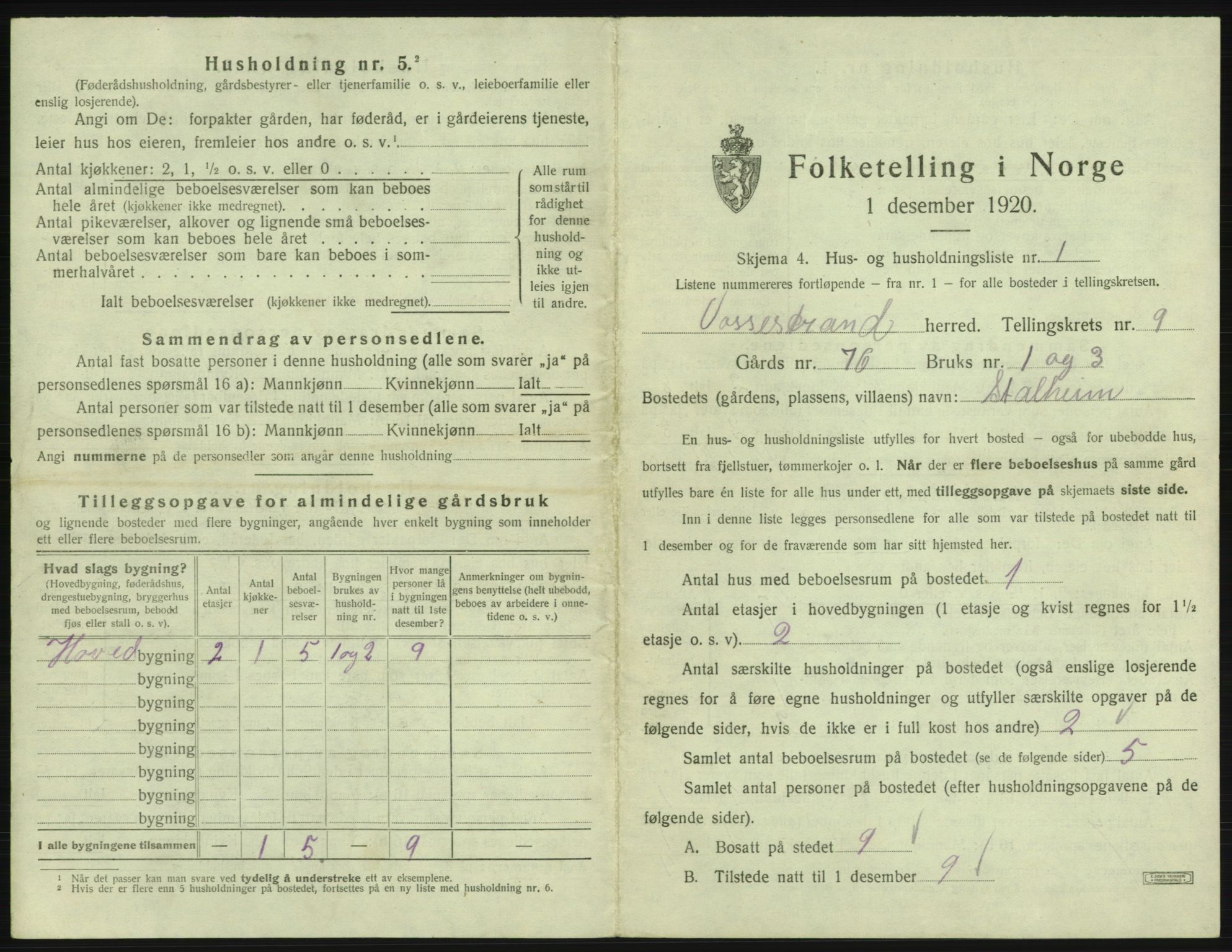 SAB, 1920 census for Vossestrand, 1920, p. 594