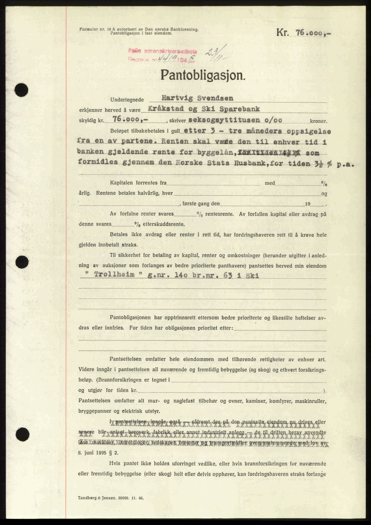 Follo sorenskriveri, SAO/A-10274/G/Ga/Gaa/L0085: Mortgage book no. I 85, 1948-1948, Diary no: : 4419/1948
