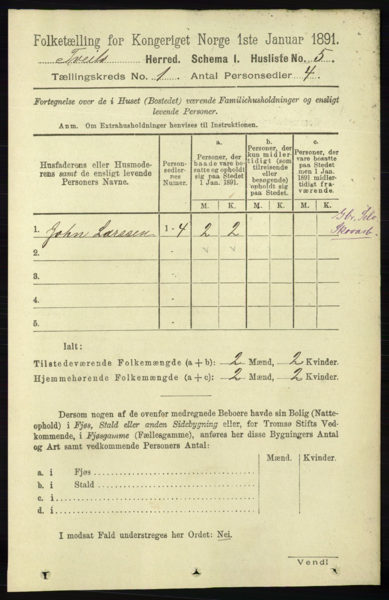 RA, 1891 census for 1013 Tveit, 1891, p. 19