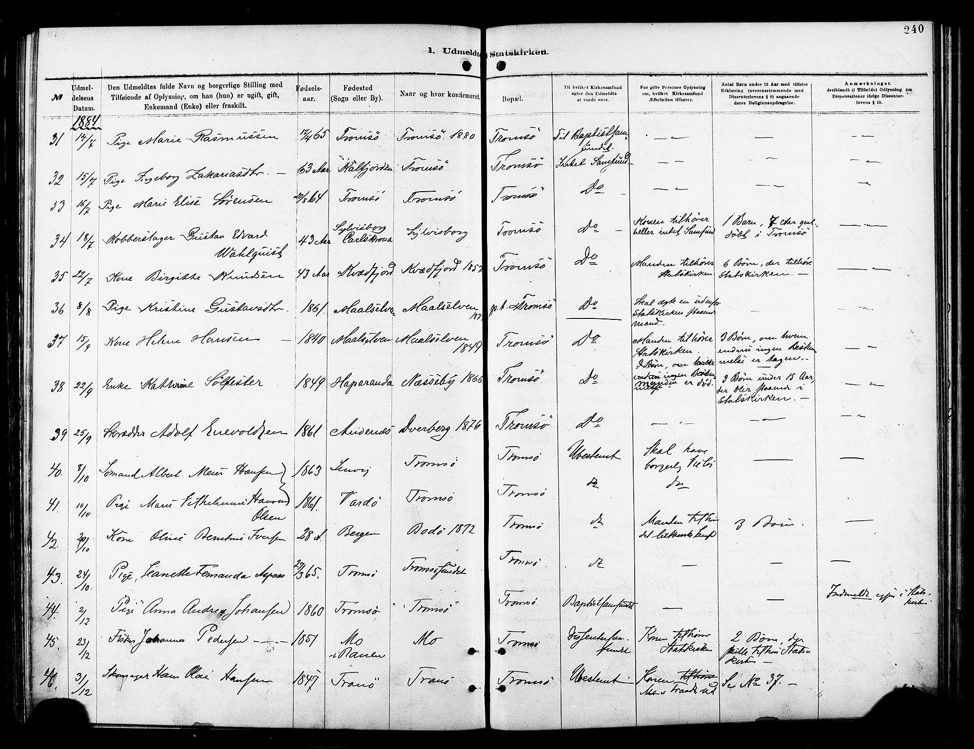 Tromsø sokneprestkontor/stiftsprosti/domprosti, SATØ/S-1343/G/Ga/L0014kirke: Parish register (official) no. 14, 1878-1888, p. 240