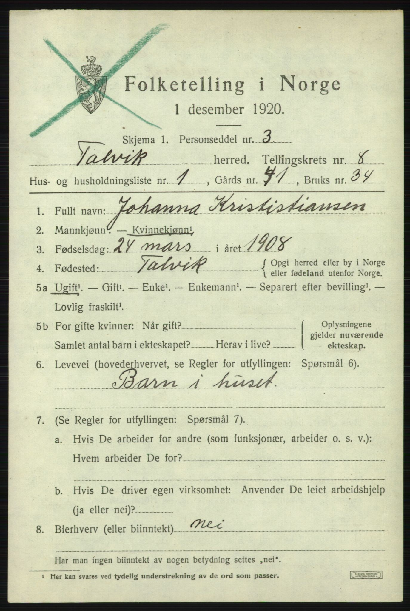 SATØ, 1920 census for Talvik, 1920, p. 4982