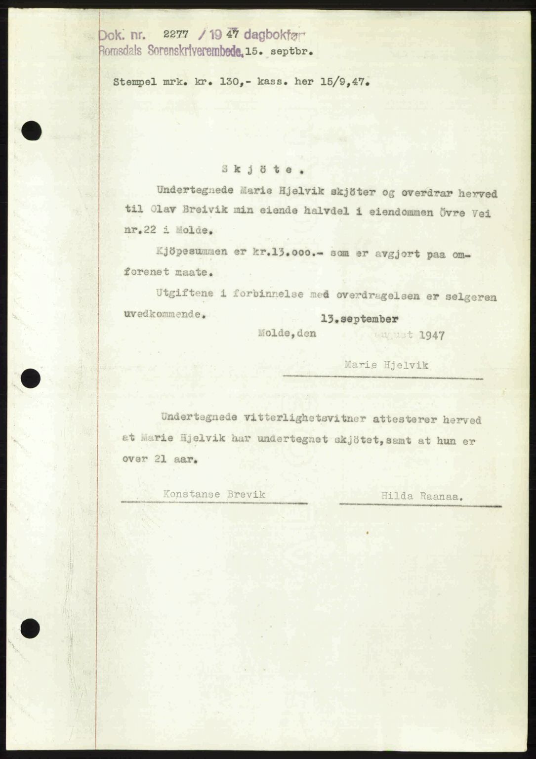 Romsdal sorenskriveri, AV/SAT-A-4149/1/2/2C: Mortgage book no. A24, 1947-1947, Diary no: : 2277/1947