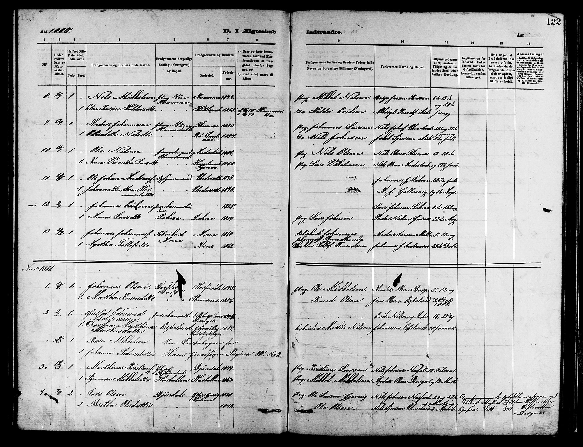 Arna Sokneprestembete, SAB/A-74001/H/Ha/Hab: Parish register (copy) no. A 2, 1878-1887, p. 122