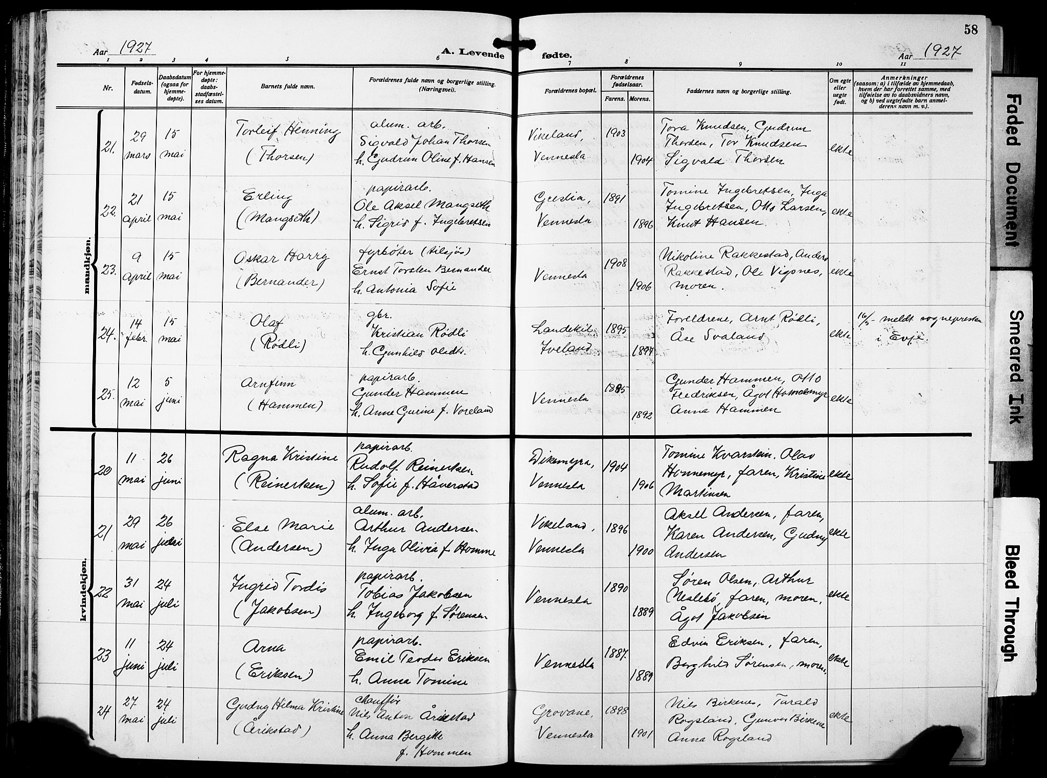 Vennesla sokneprestkontor, AV/SAK-1111-0045/Fb/Fbb/L0007: Parish register (copy) no. B 7, 1922-1933, p. 58