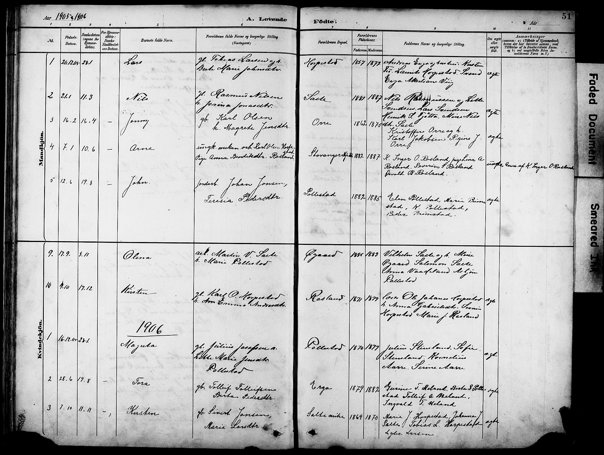 Klepp sokneprestkontor, SAST/A-101803/001/3/30BB/L0005: Parish register (copy) no. B 5, 1889-1918, p. 51