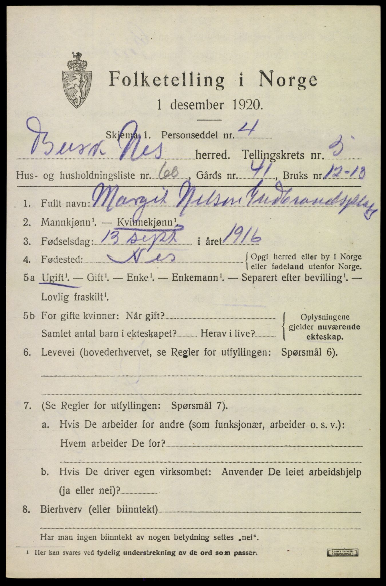 SAKO, 1920 census for Nes (Buskerud), 1920, p. 3050