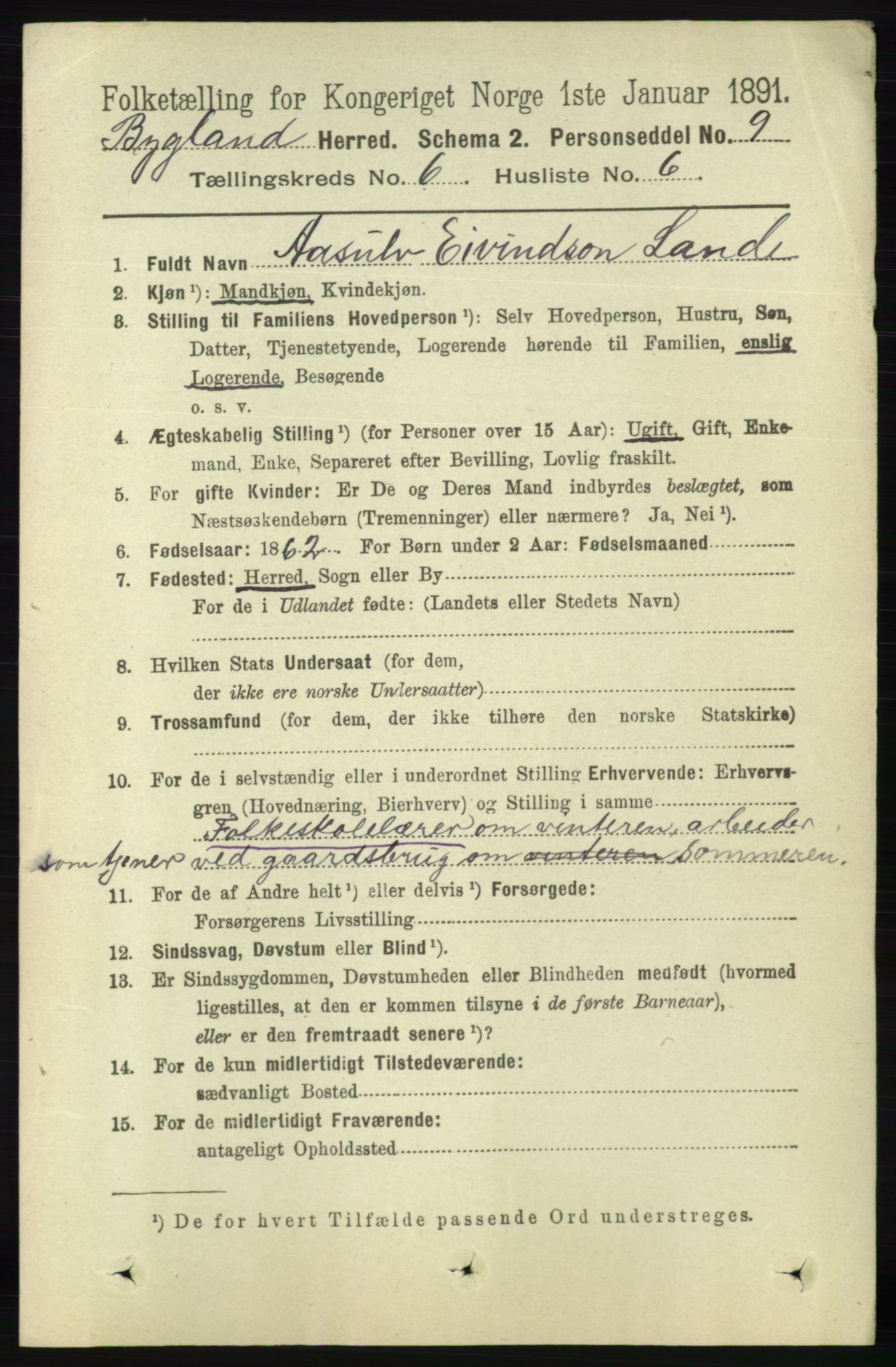 RA, 1891 census for 0938 Bygland, 1891, p. 1372