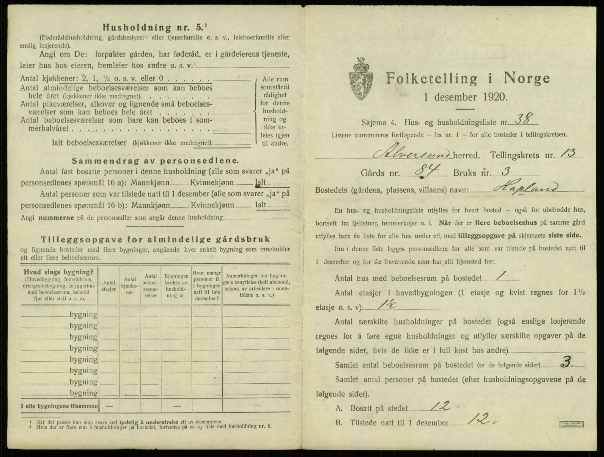 SAB, 1920 census for Alversund, 1920, p. 1022