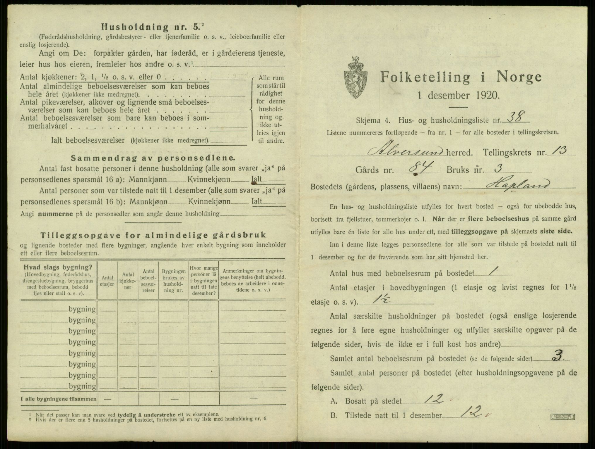 SAB, 1920 census for Alversund, 1920, p. 1022