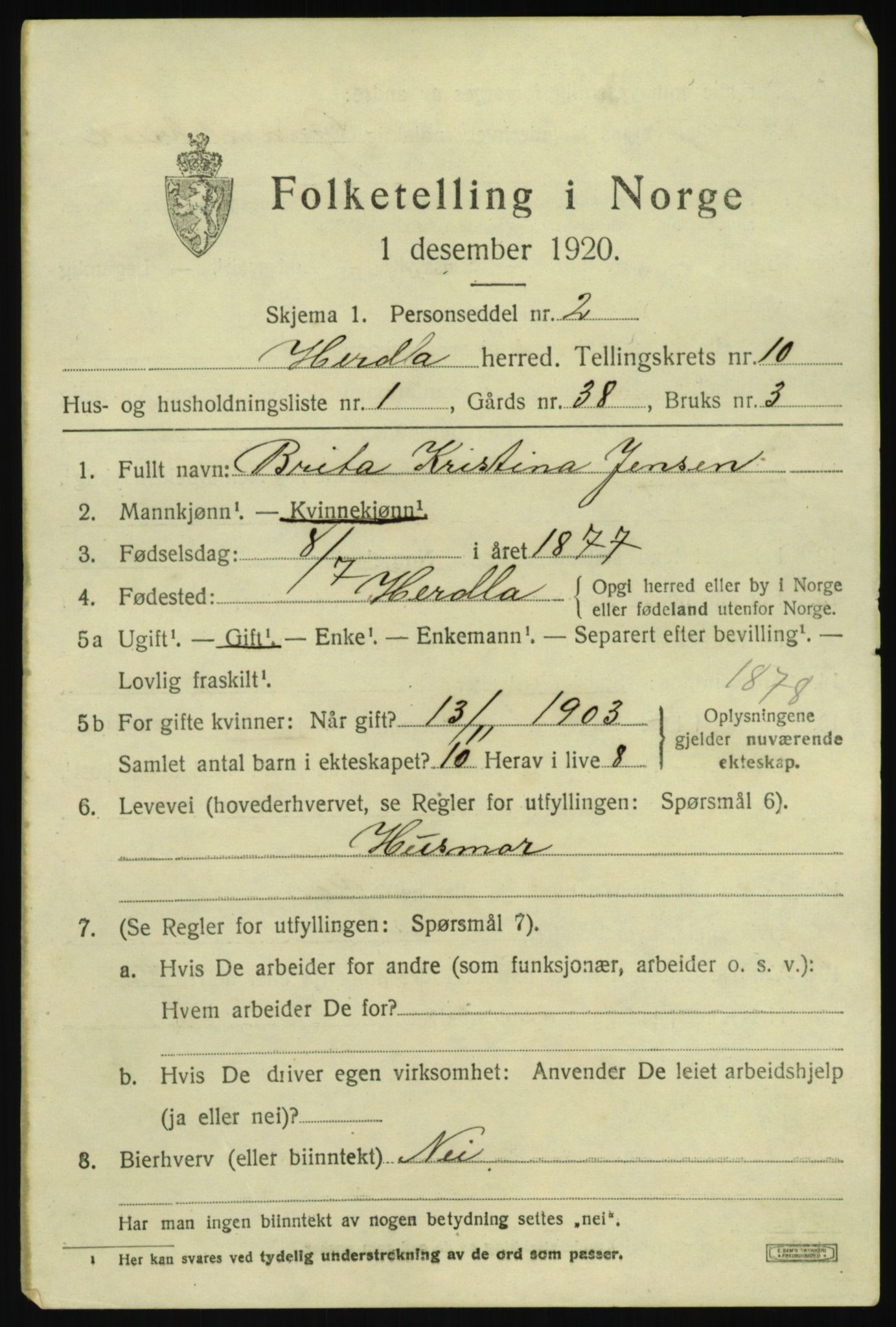SAB, 1920 census for Herdla, 1920, p. 7193