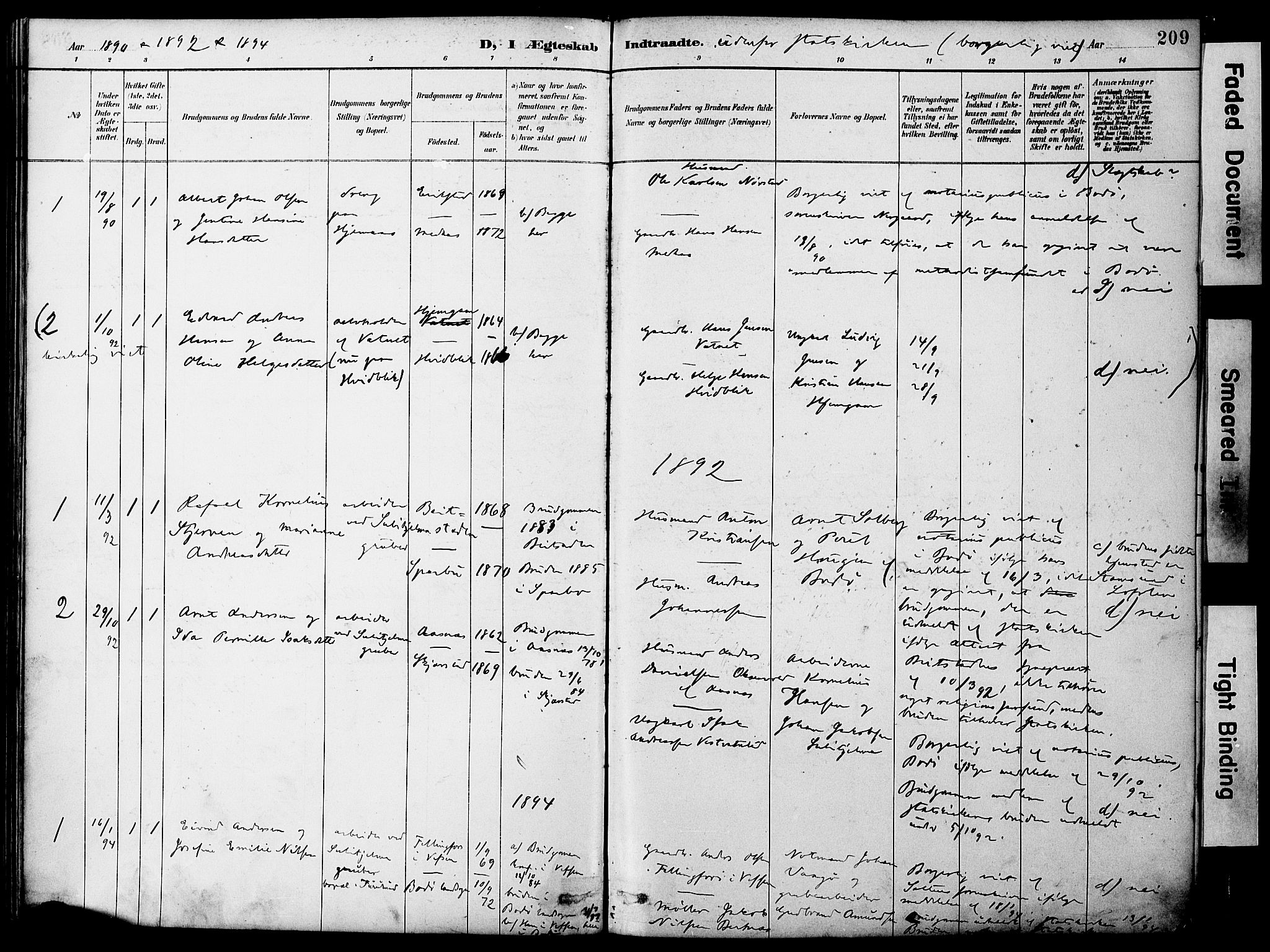 Ministerialprotokoller, klokkerbøker og fødselsregistre - Nordland, SAT/A-1459/849/L0690: Parish register (official) no. 849A02, 1890-1897, p. 209