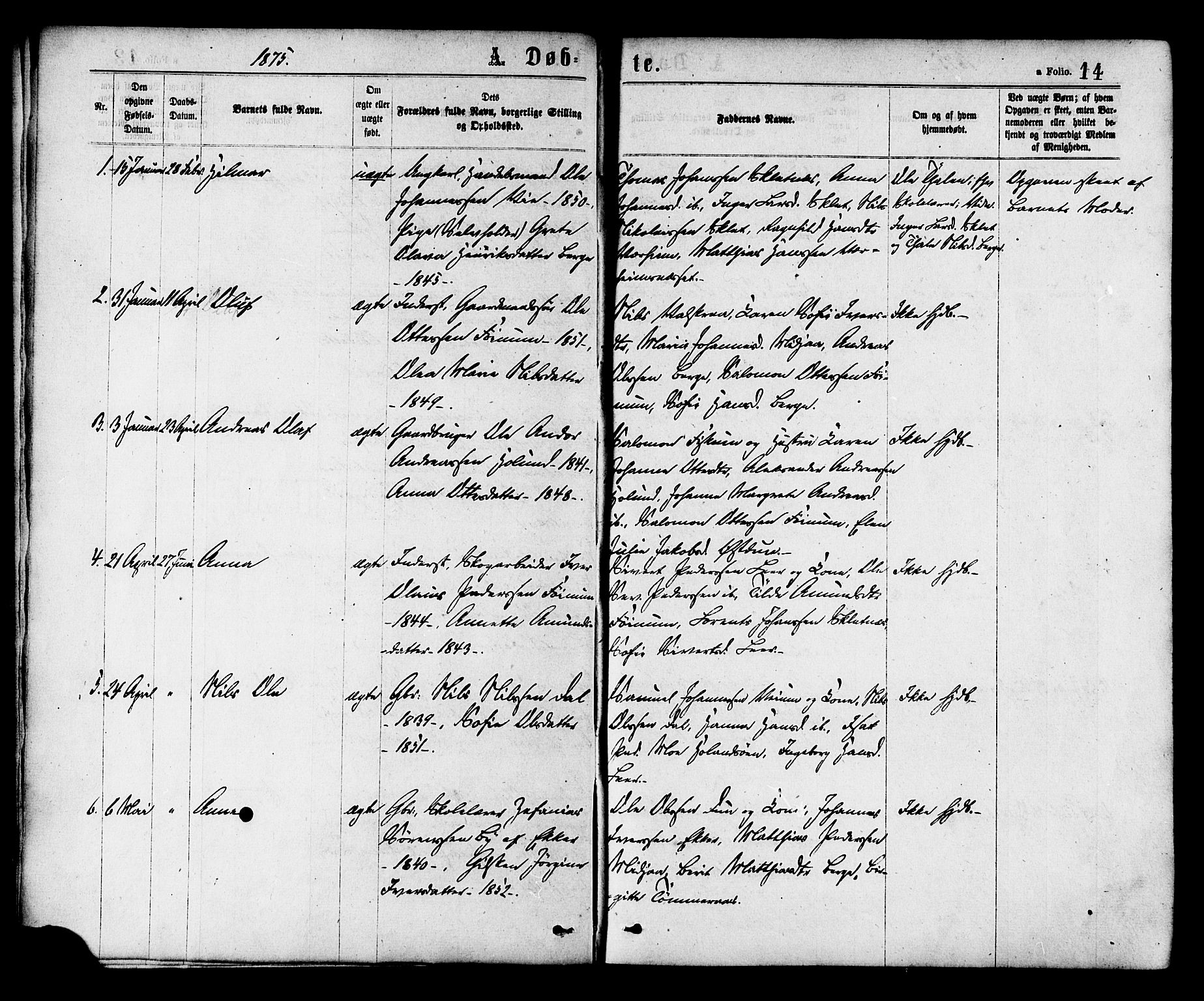 Ministerialprotokoller, klokkerbøker og fødselsregistre - Nord-Trøndelag, SAT/A-1458/758/L0516: Parish register (official) no. 758A03 /1, 1869-1879, p. 14