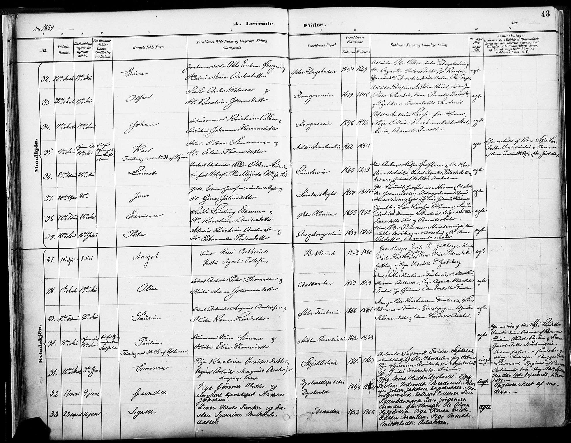 Vang prestekontor, Hedmark, AV/SAH-PREST-008/H/Ha/Haa/L0019A: Parish register (official) no. 19, 1886-1900, p. 43