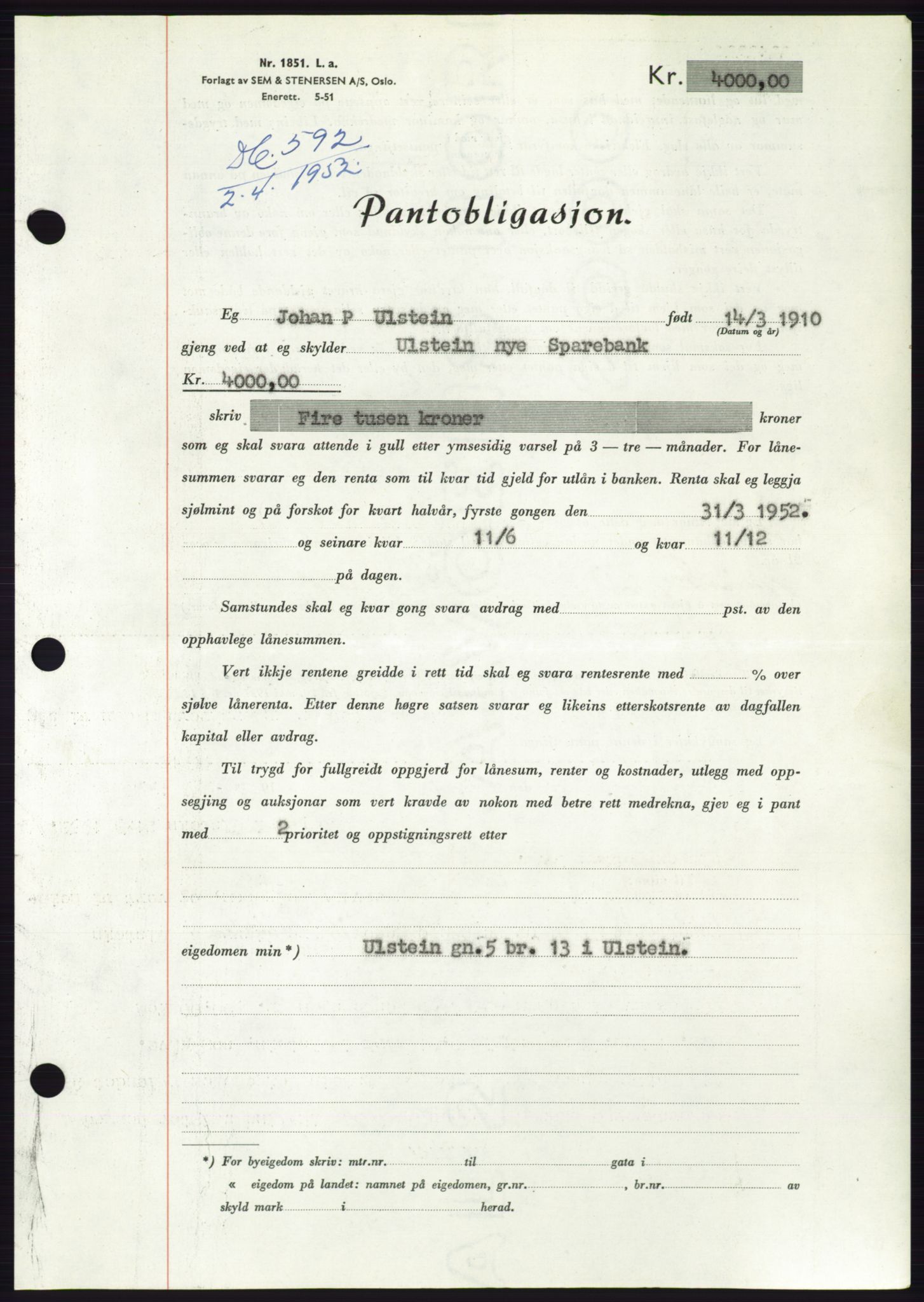 Søre Sunnmøre sorenskriveri, AV/SAT-A-4122/1/2/2C/L0121: Mortgage book no. 9B, 1951-1952, Diary no: : 592/1952