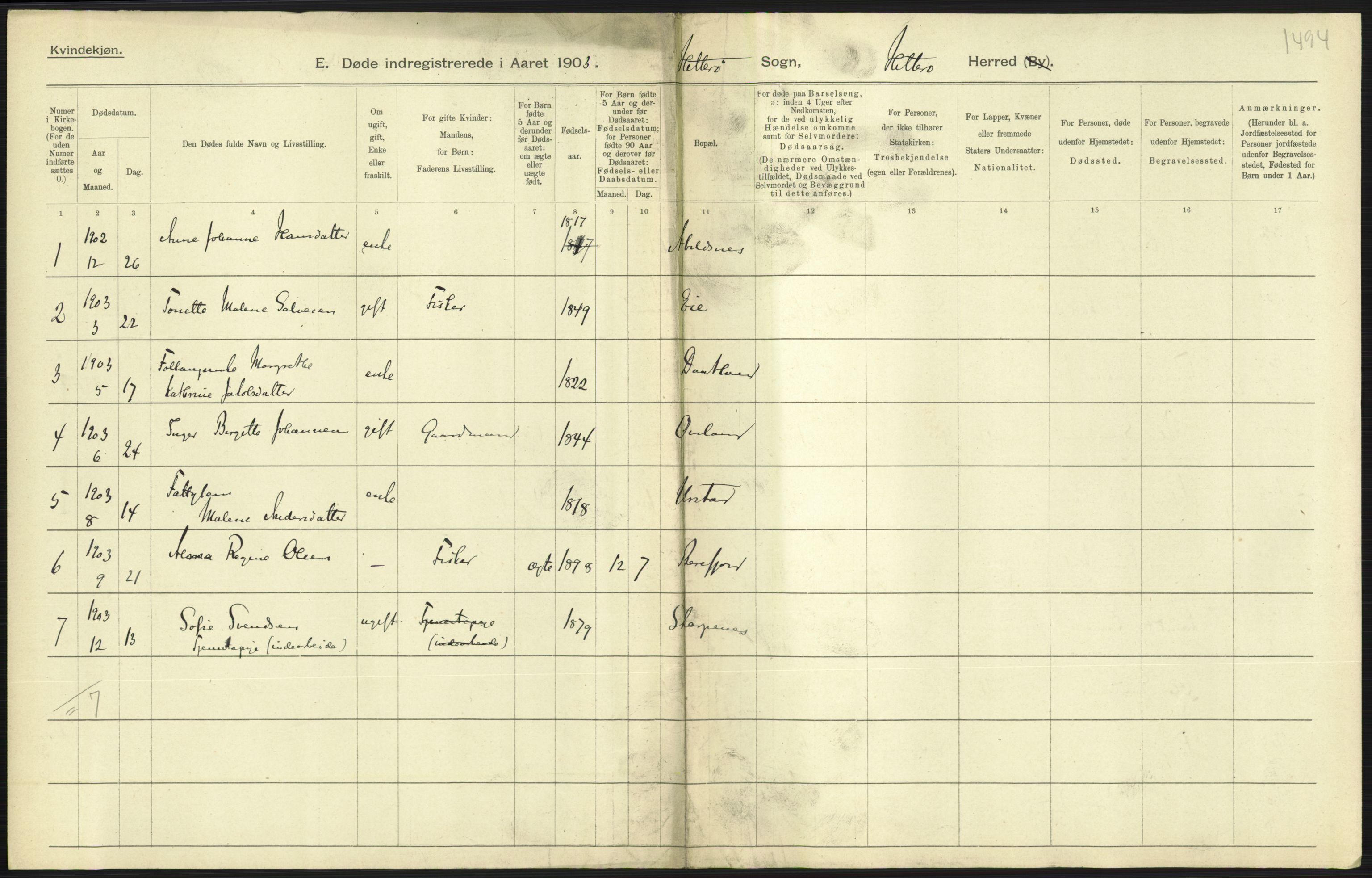 Statistisk sentralbyrå, Sosiodemografiske emner, Befolkning, AV/RA-S-2228/D/Df/Dfa/Dfaa/L0011: Lister og Mandal amt: Fødte, gifte, døde, 1903, p. 377