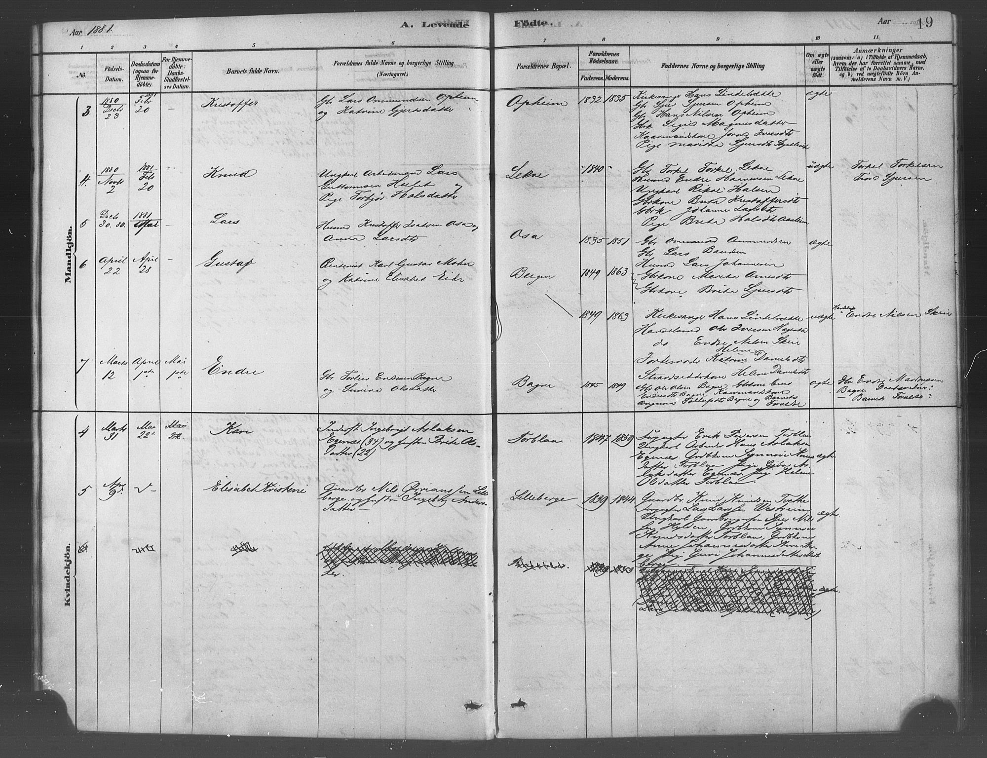 Ulvik sokneprestembete, SAB/A-78801/H/Haa: Parish register (official) no. B 1, 1878-1897, p. 19