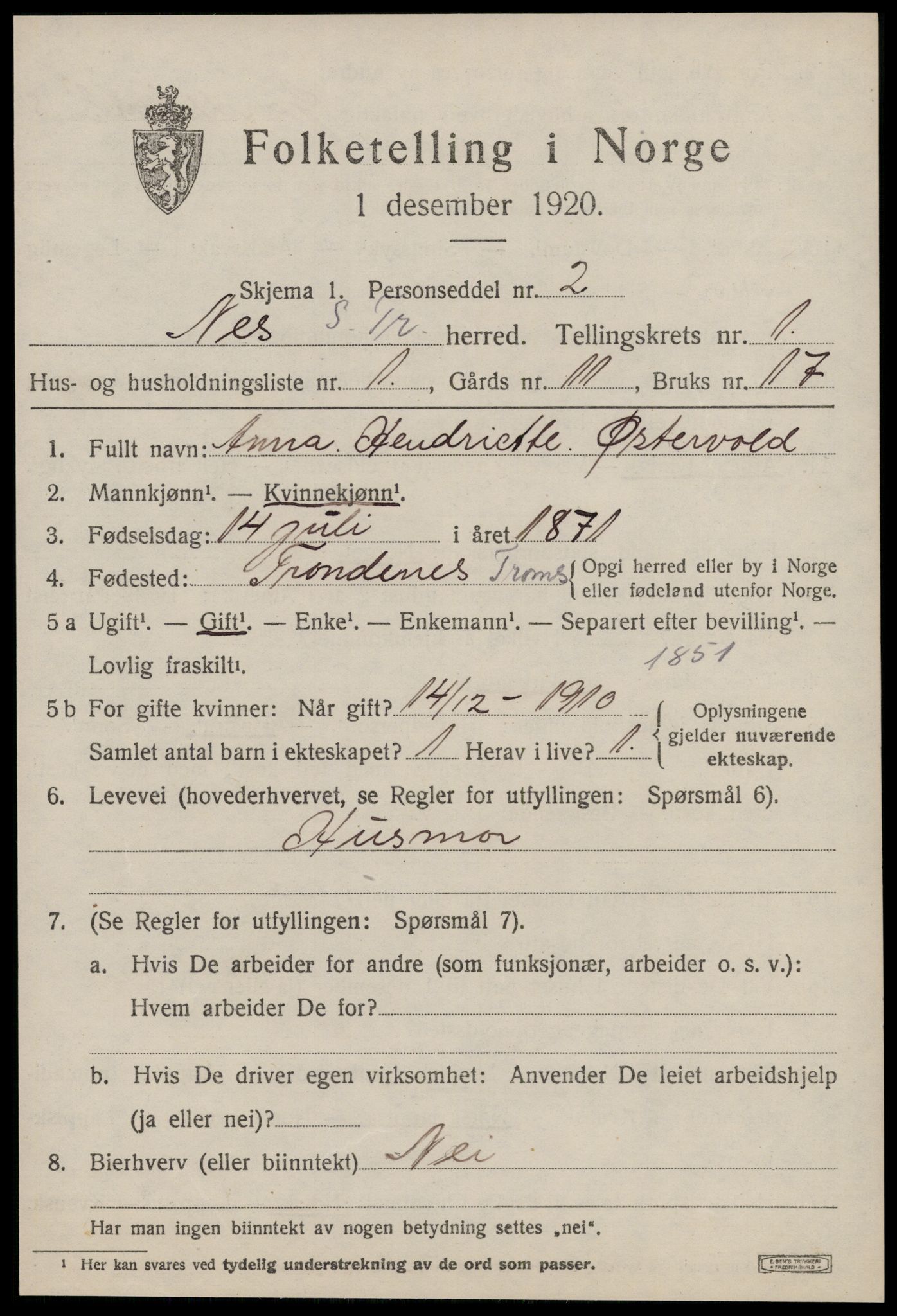 SAT, 1920 census for Nes (ST), 1920, p. 457