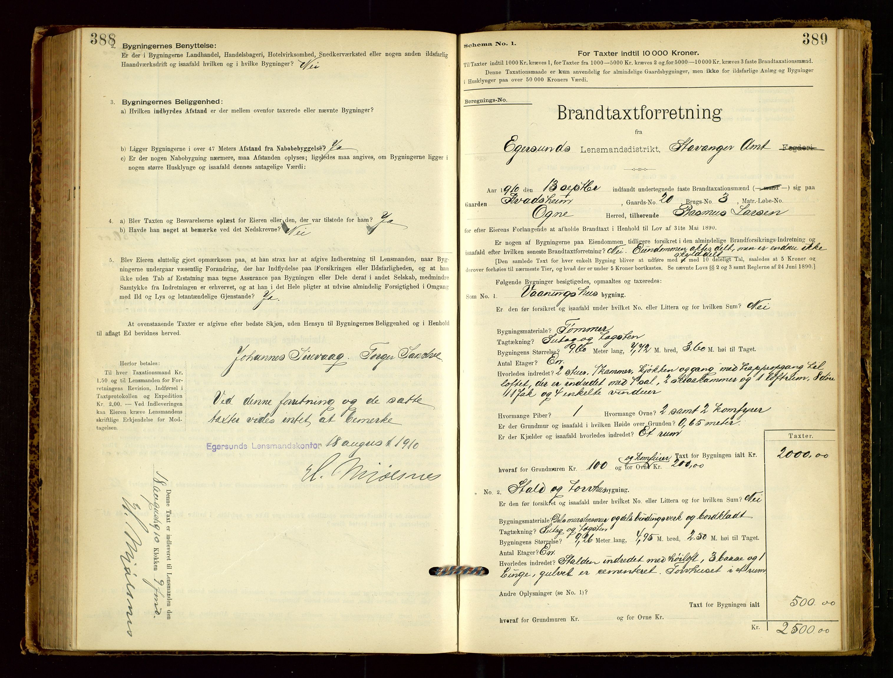 Eigersund lensmannskontor, AV/SAST-A-100171/Gob/L0001: Skjemaprotokoll, 1894-1909, p. 388-389