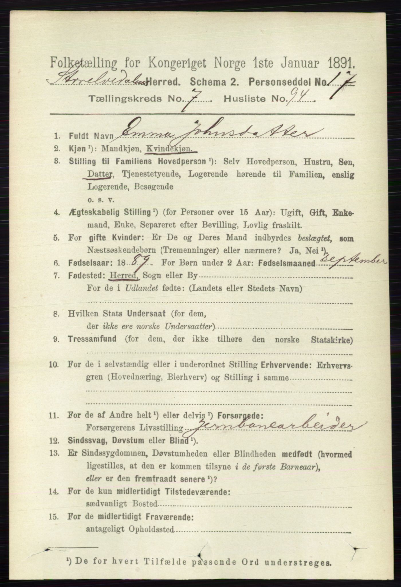 RA, 1891 census for 0430 Stor-Elvdal, 1891, p. 3383