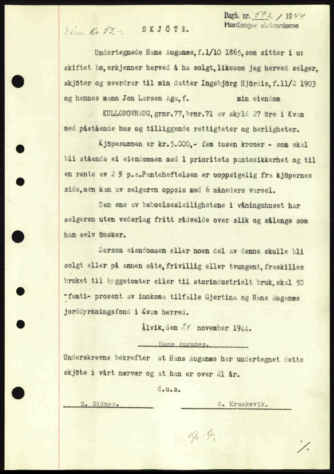 Hardanger sorenskriver, AV/SAB-A-2101/G/Ge/Gec/L0010: Mortgage book no. A10, 1943-1944, Diary no: : 592/1944