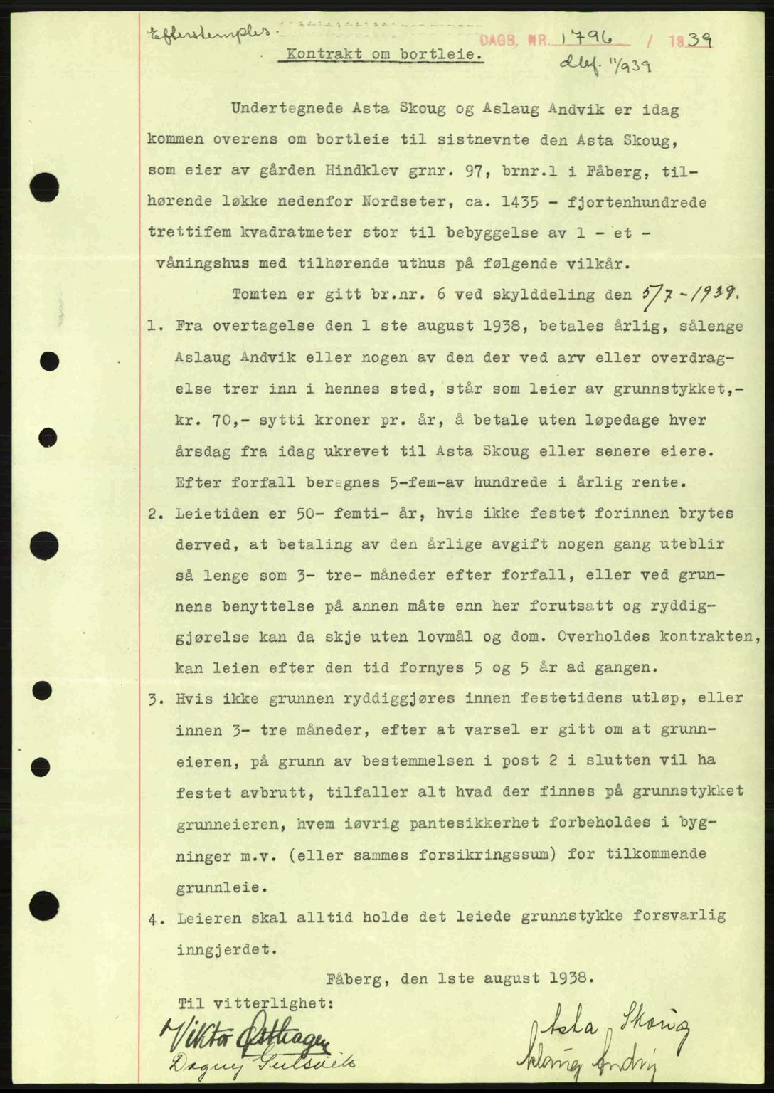 Sør-Gudbrandsdal tingrett, SAH/TING-004/H/Hb/Hbe/L0001: Mortgage book no. B1, 1936-1939, Diary no: : 1796/1939