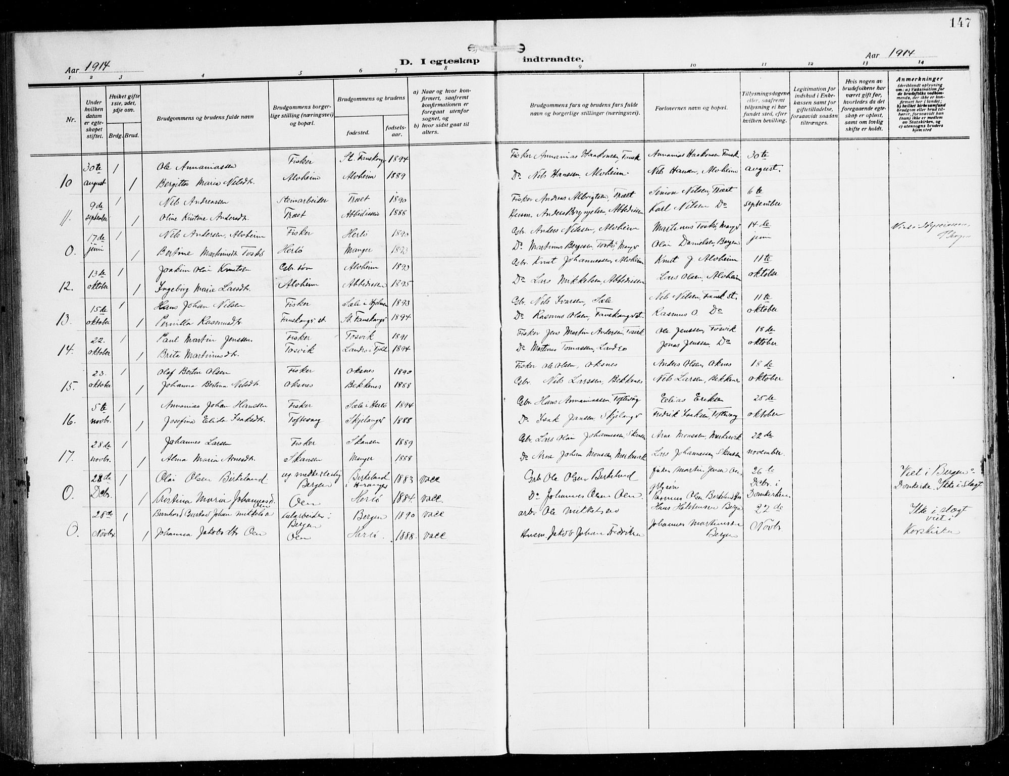 Herdla Sokneprestembete, AV/SAB-A-75701/H/Hab: Parish register (copy) no. C 2, 1913-1926, p. 147