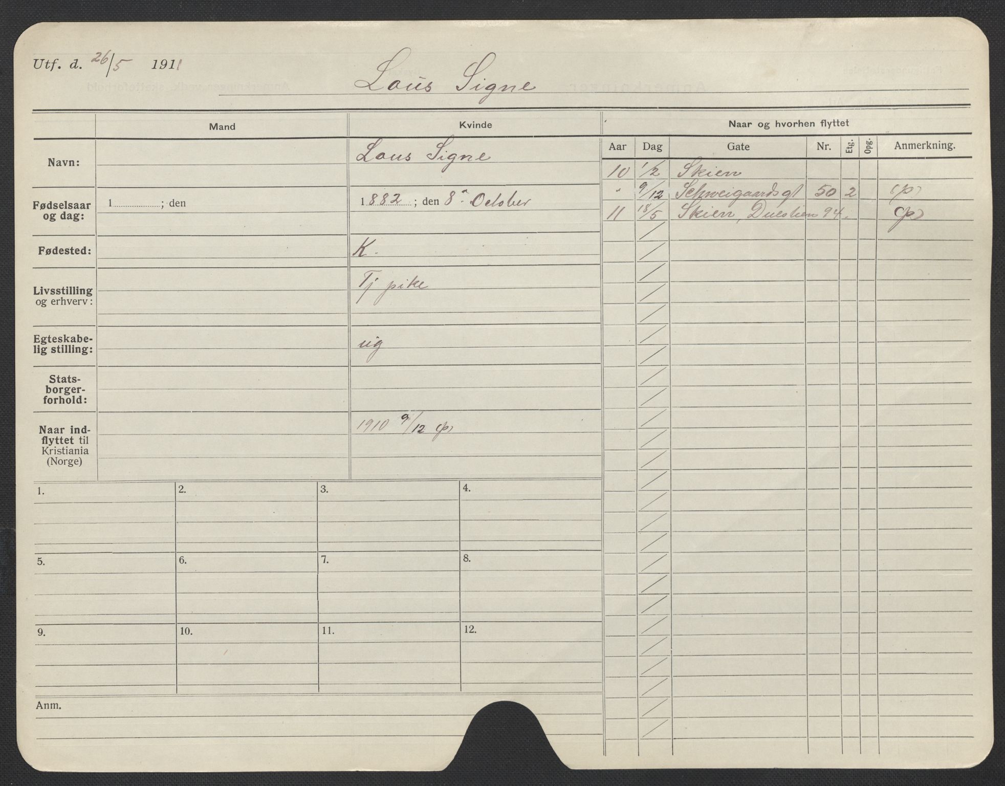 Oslo folkeregister, Registerkort, AV/SAO-A-11715/F/Fa/Fac/L0020: Kvinner, 1906-1914, p. 225a