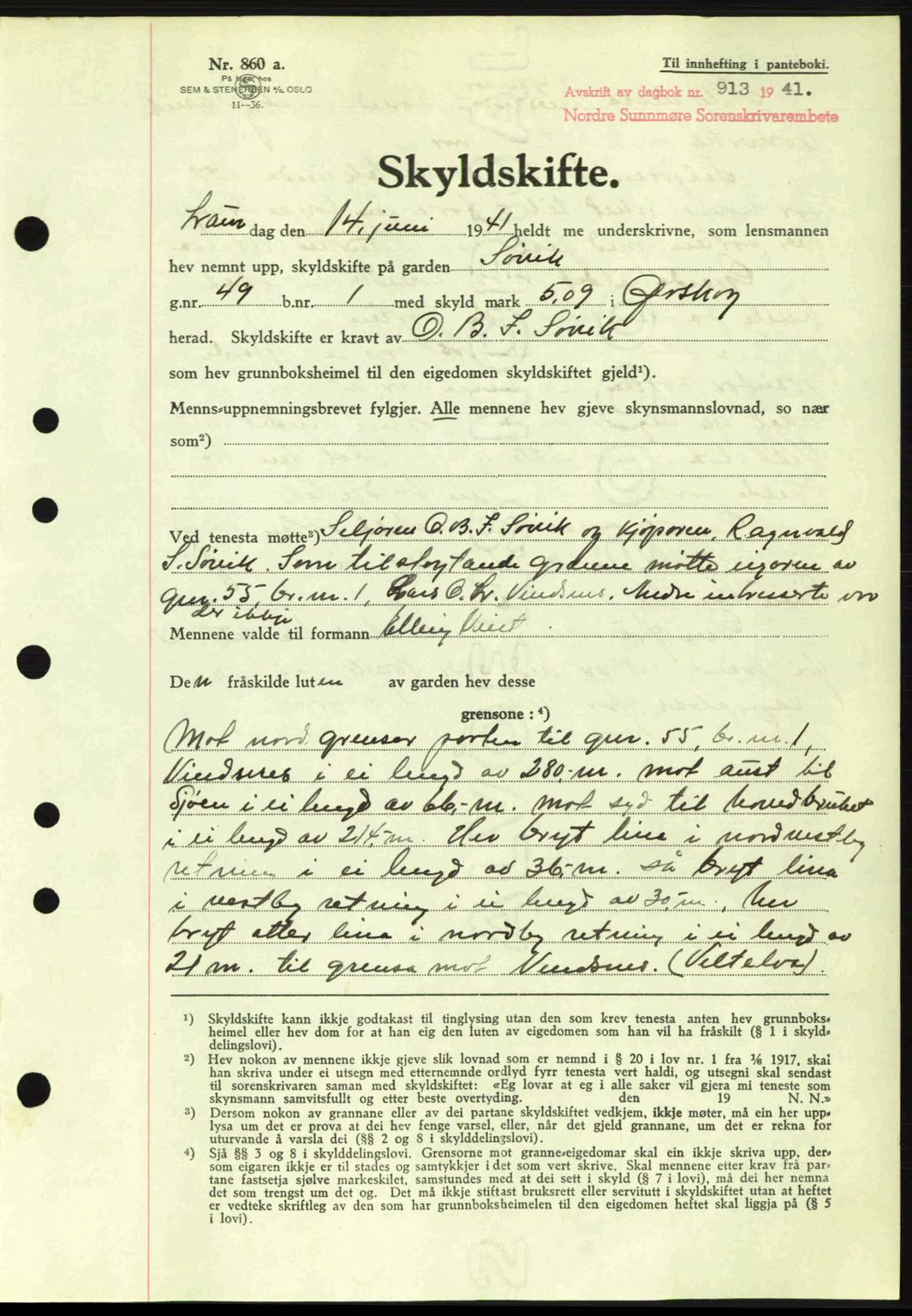 Nordre Sunnmøre sorenskriveri, AV/SAT-A-0006/1/2/2C/2Ca: Mortgage book no. A11, 1941-1941, Diary no: : 913/1941