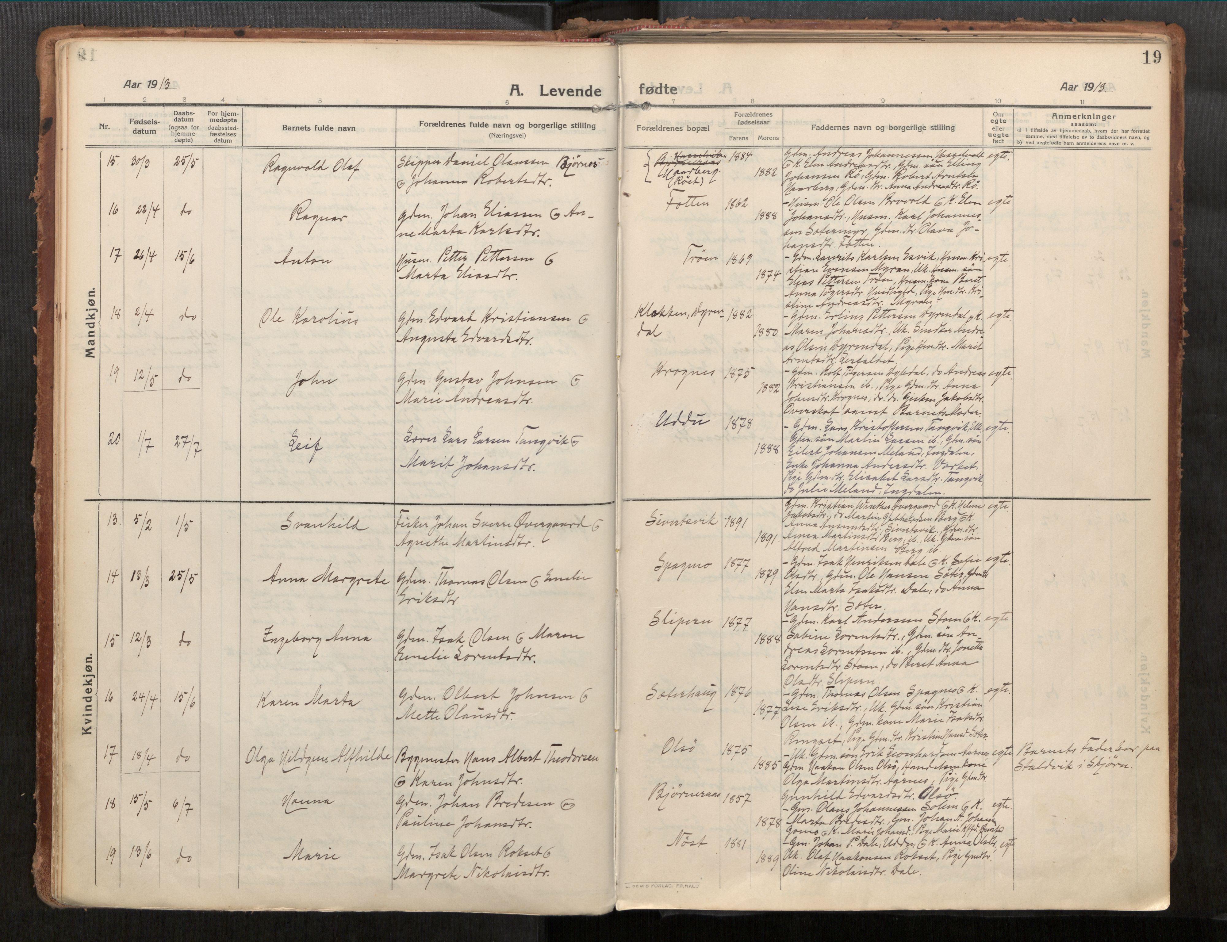 Stadsbygd sokneprestkontor, AV/SAT-A-1117/1/I/I1/I1a/L0001: Parish register (official) no. 1, 1911-1929, p. 19