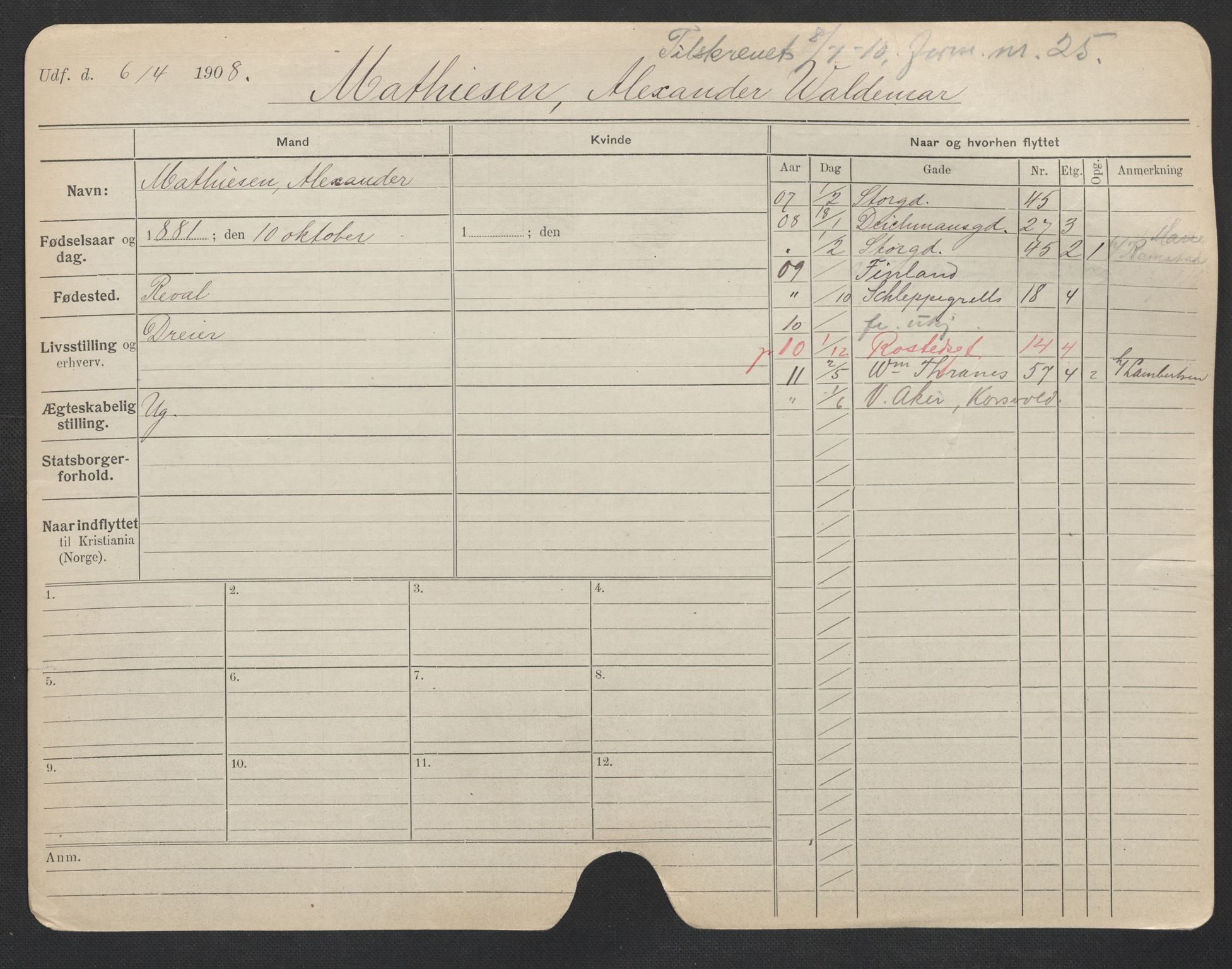Oslo folkeregister, Registerkort, AV/SAO-A-11715/F/Fa/Fac/L0007: Menn, 1906-1914, p. 625a