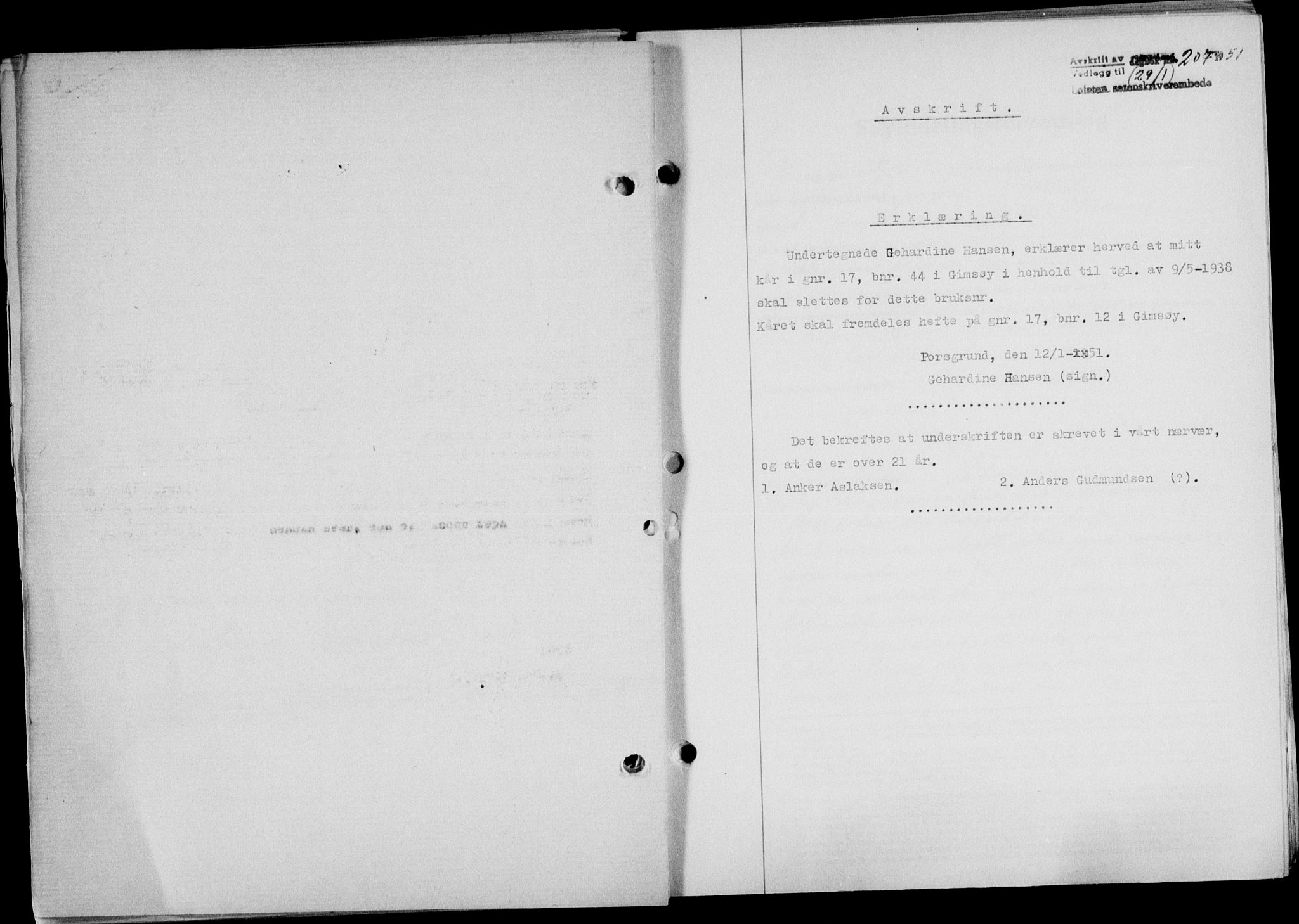 Lofoten sorenskriveri, SAT/A-0017/1/2/2C/L0025a: Mortgage book no. 25a, 1950-1951, Diary no: : 207/1951