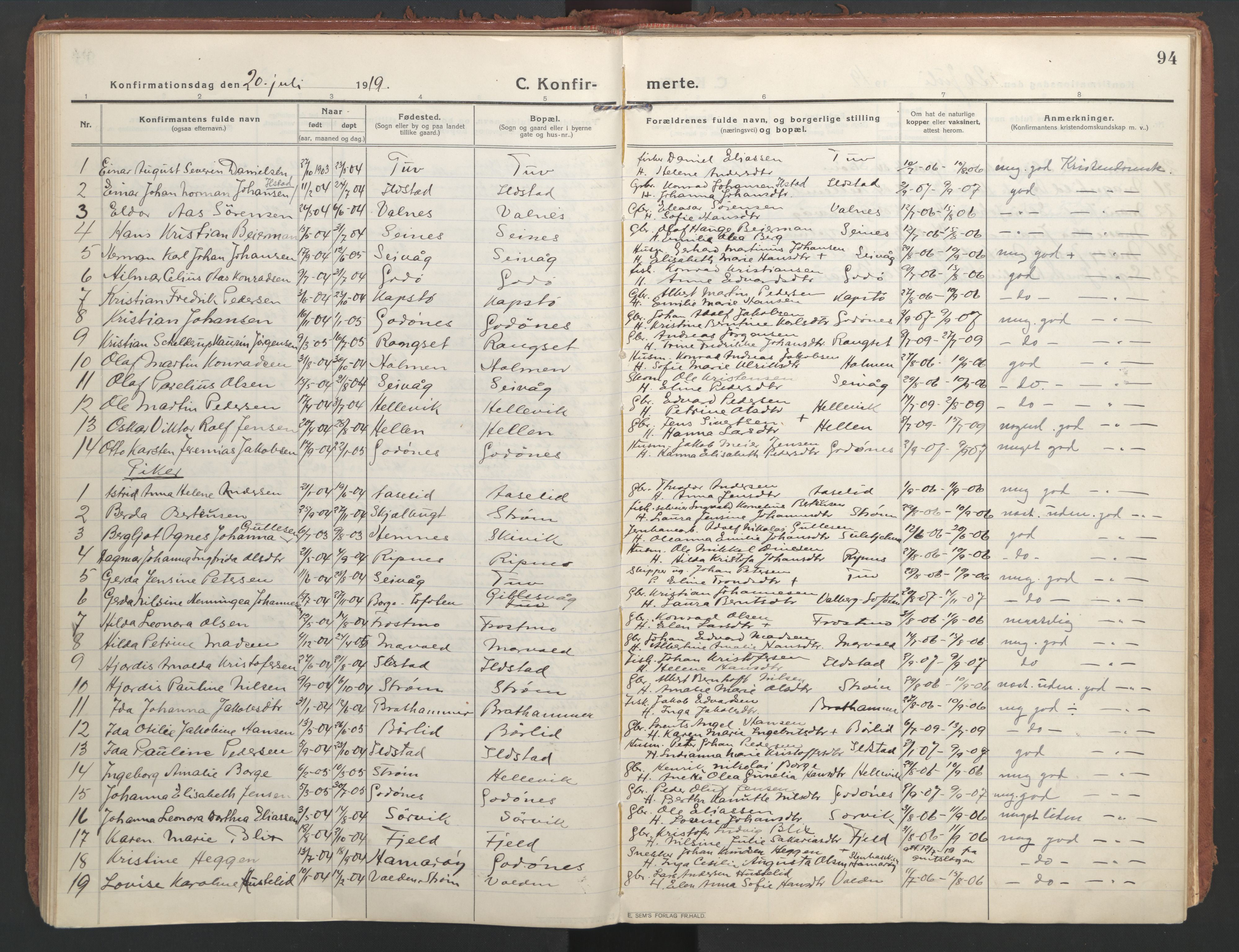 Ministerialprotokoller, klokkerbøker og fødselsregistre - Nordland, SAT/A-1459/804/L0086: Parish register (official) no. 804A07, 1916-1935, p. 94