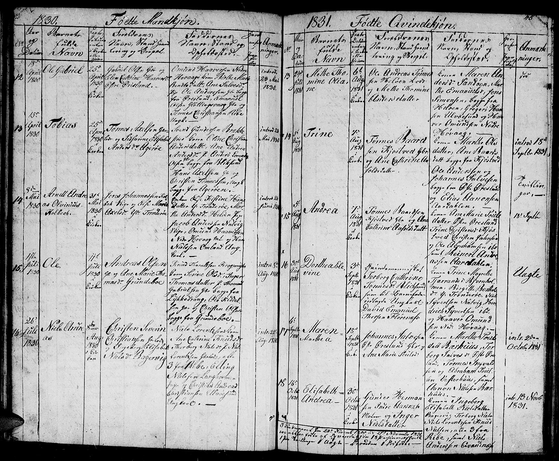 Høvåg sokneprestkontor, AV/SAK-1111-0025/F/Fb/L0001: Parish register (copy) no. B 1, 1817-1846, p. 45