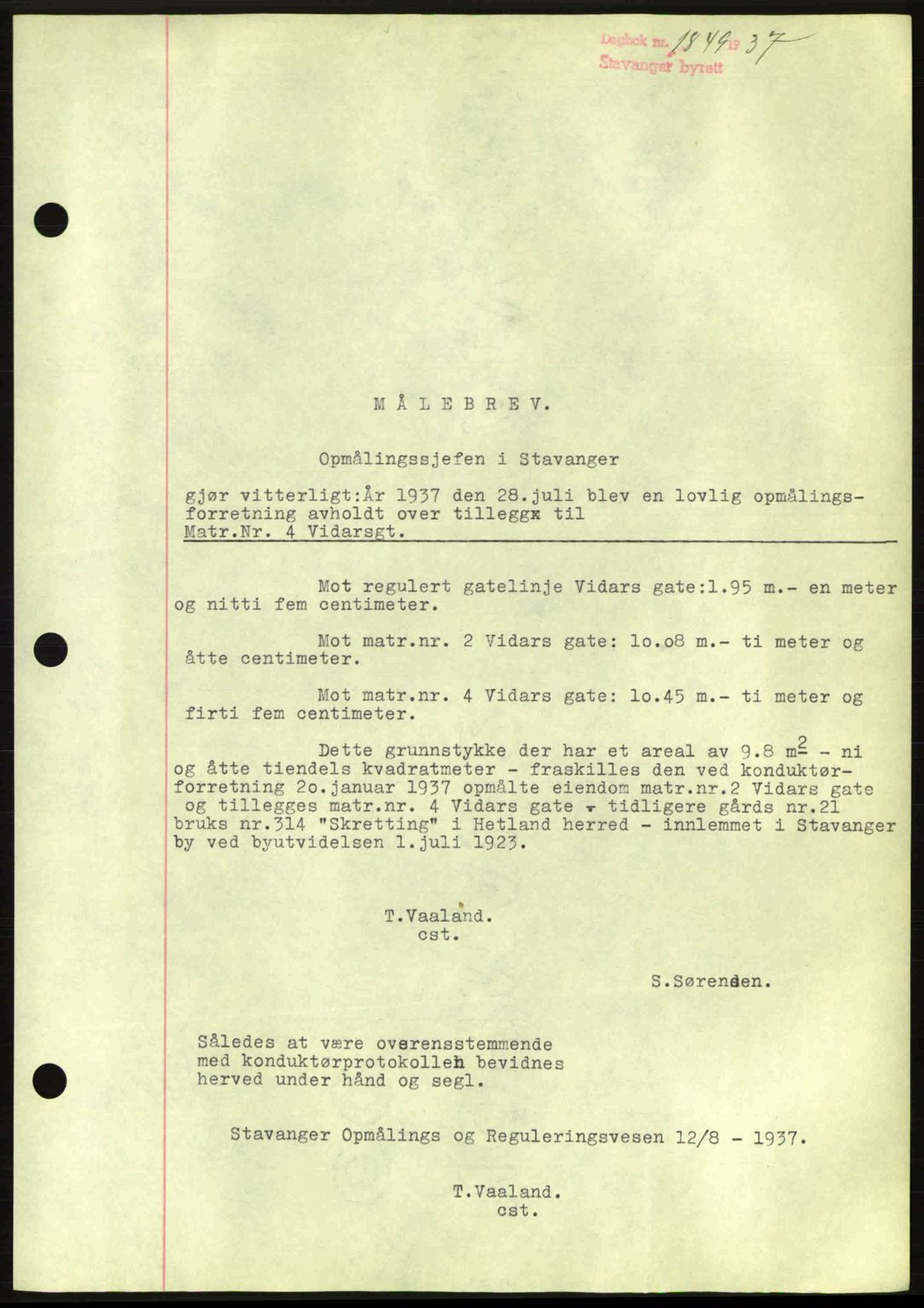 Stavanger byrett, SAST/A-100455/002/G/Gb/L0012: Mortgage book no. A2, 1936-1937, Diary no: : 1849/1937
