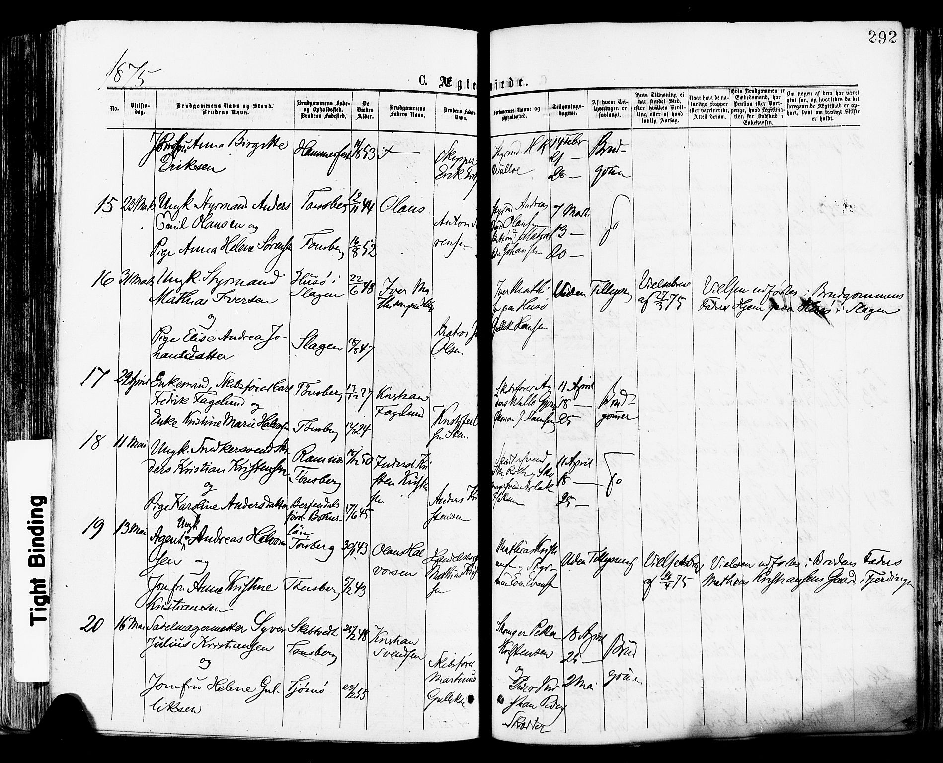 Tønsberg kirkebøker, AV/SAKO-A-330/F/Fa/L0010: Parish register (official) no. I 10, 1874-1880, p. 292